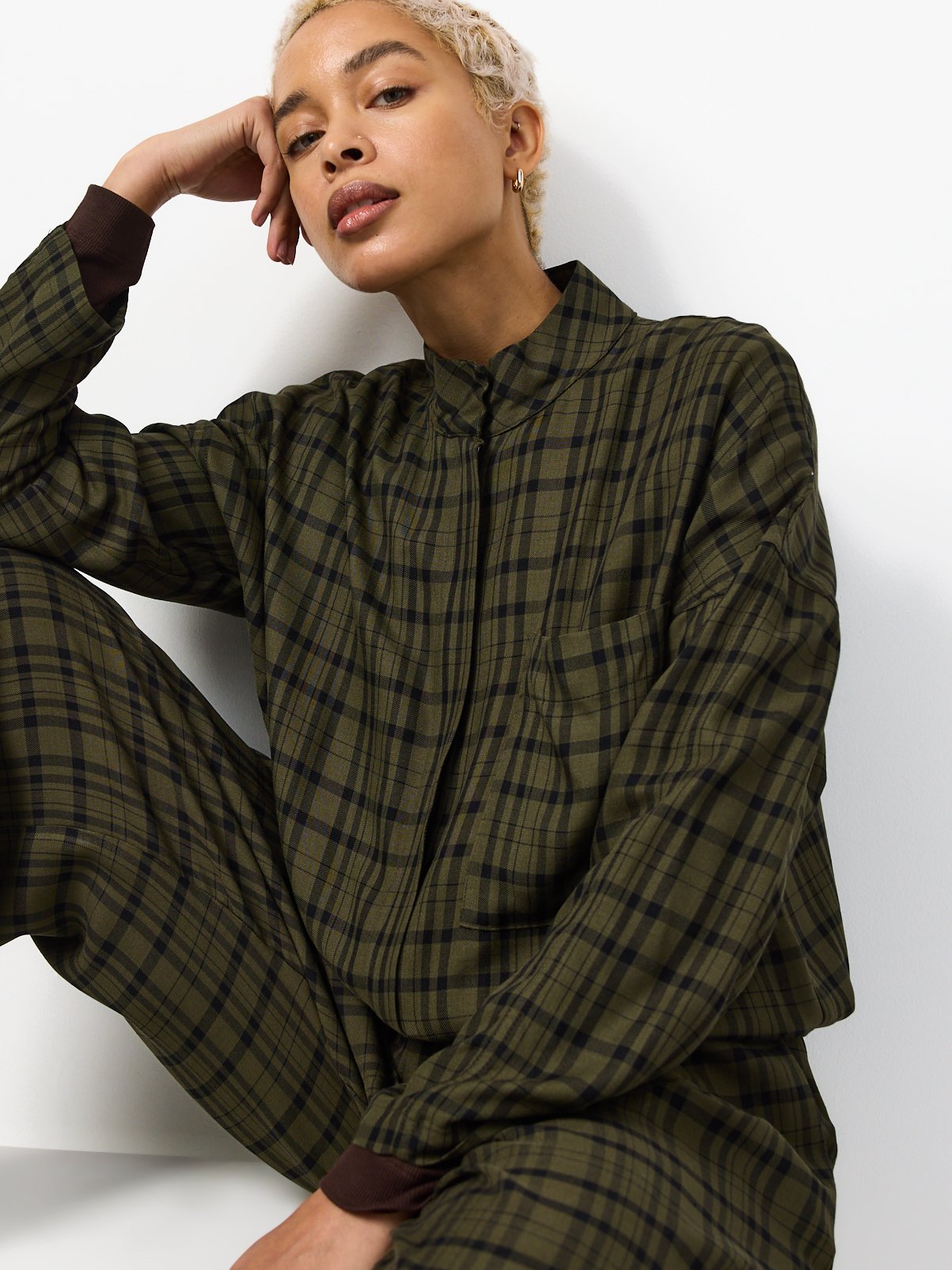 Green Check Funnel Neck Shacket 