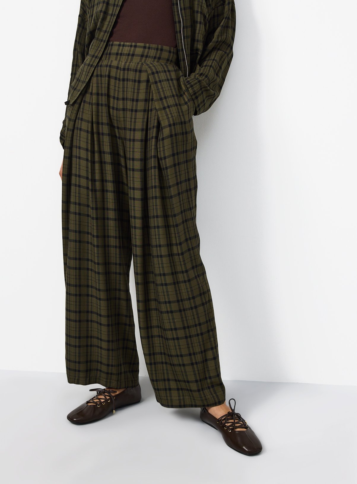 Green Check Wide Leg Pleat Trousers 