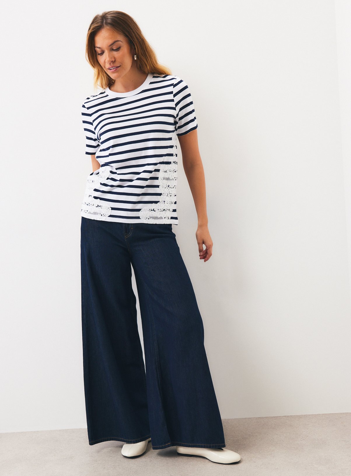 Navy Stripe Lace Detail T-Shirt 