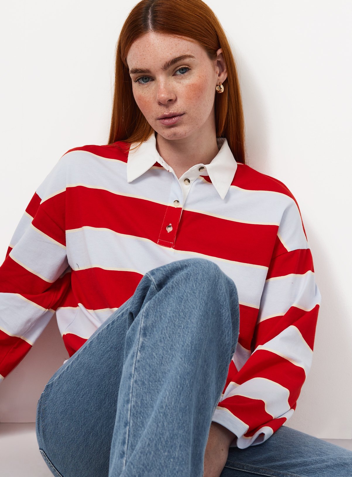 Red & Blue Relaxed Fit Rugby Striped Top 