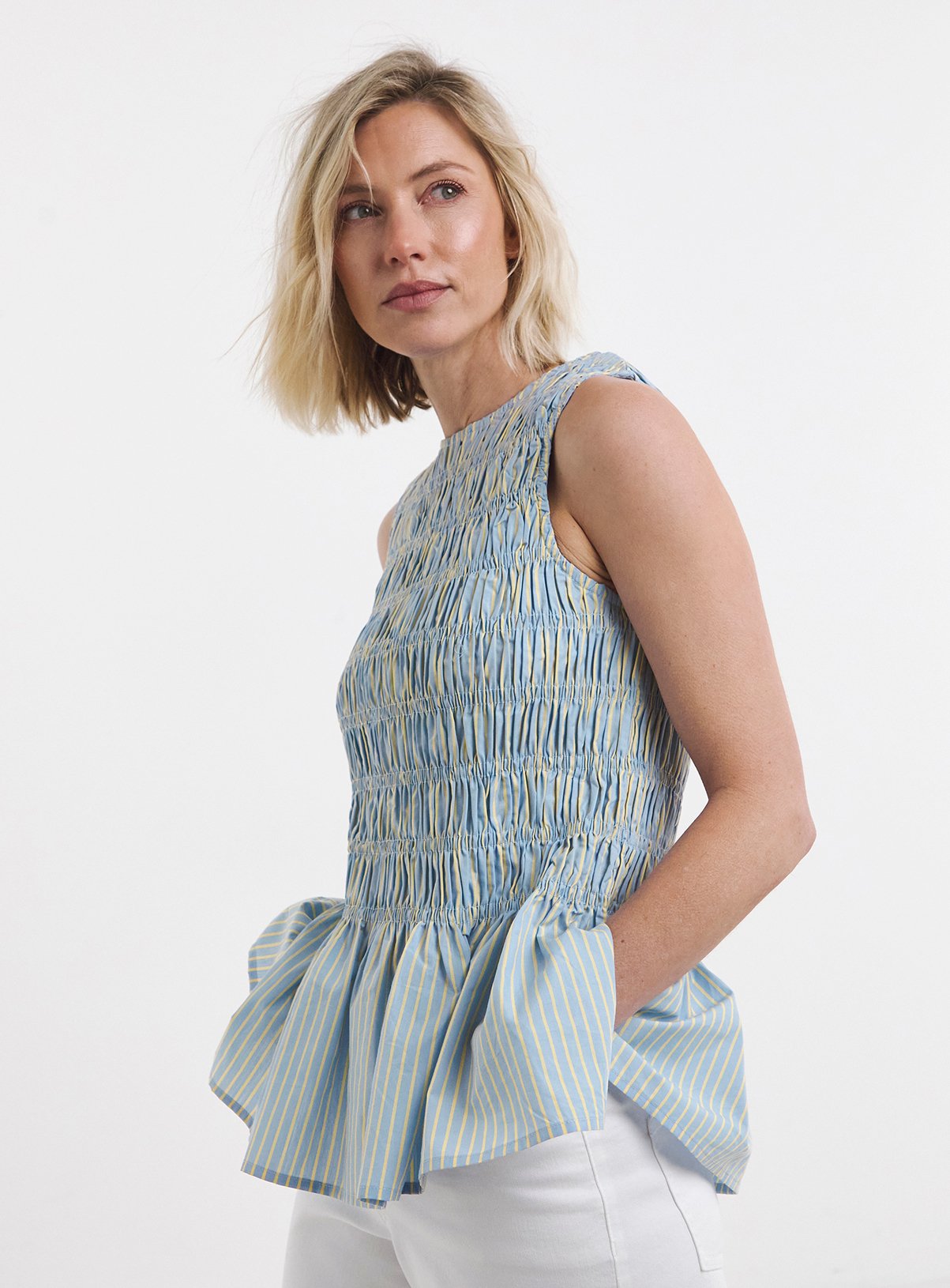 JD WILLIAMS Stripe Shirred Sleeveless Peplum Top 8