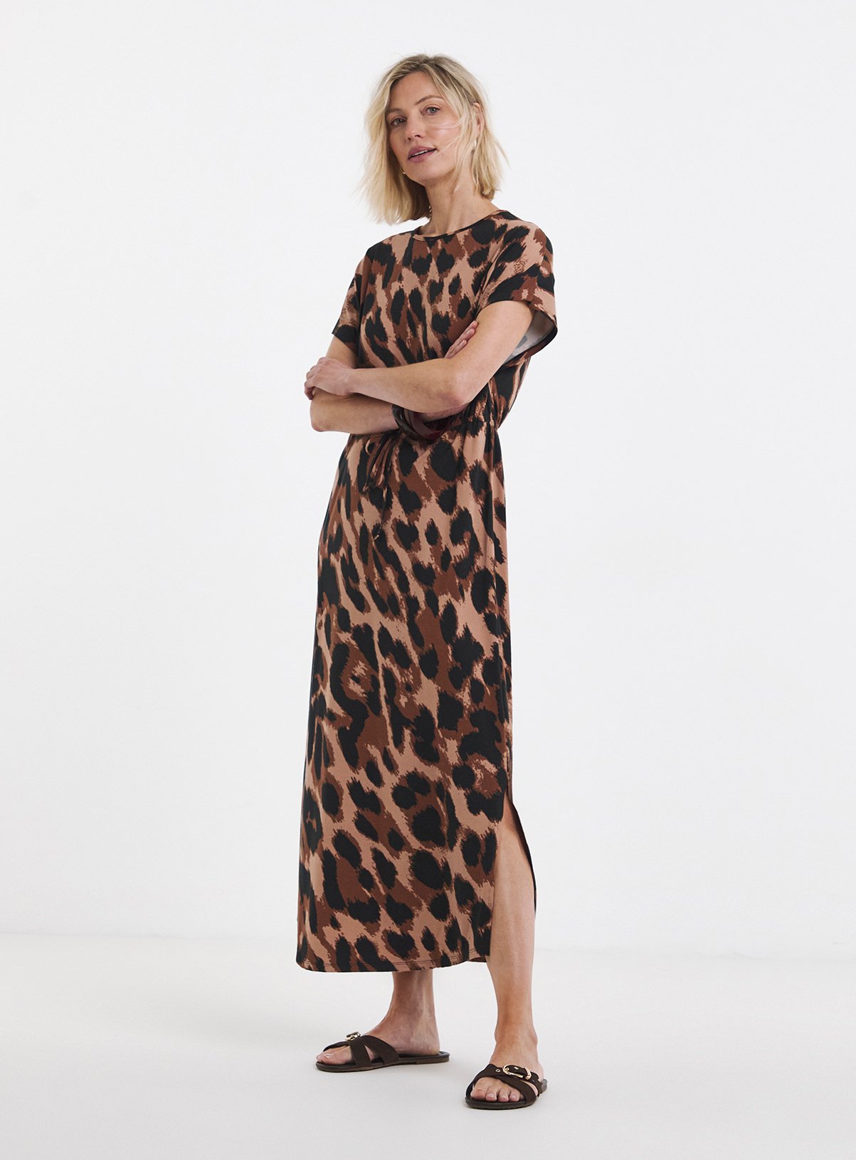 JD WILLIAMS Leopard Print Tie Waist Midaxi T-Shirt Dress 12