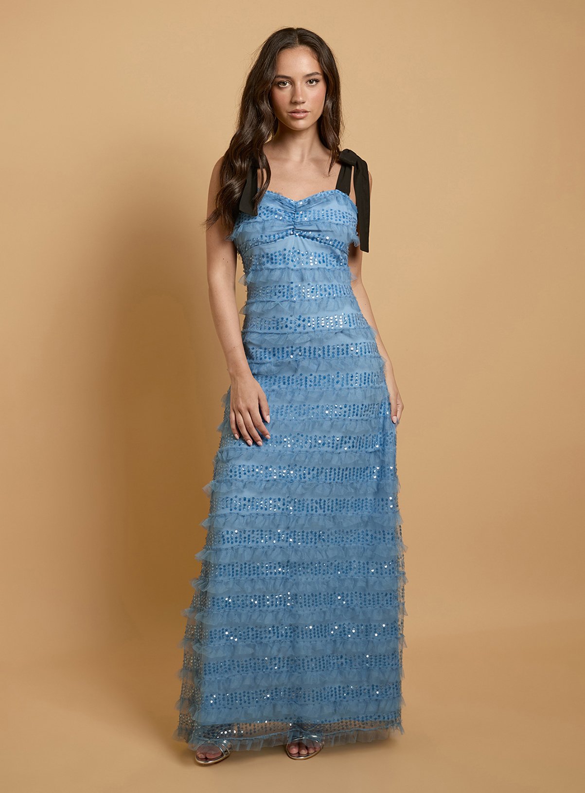 OASIS Tiered Sequin Mesh Tie Shoulder Maxi Dress 