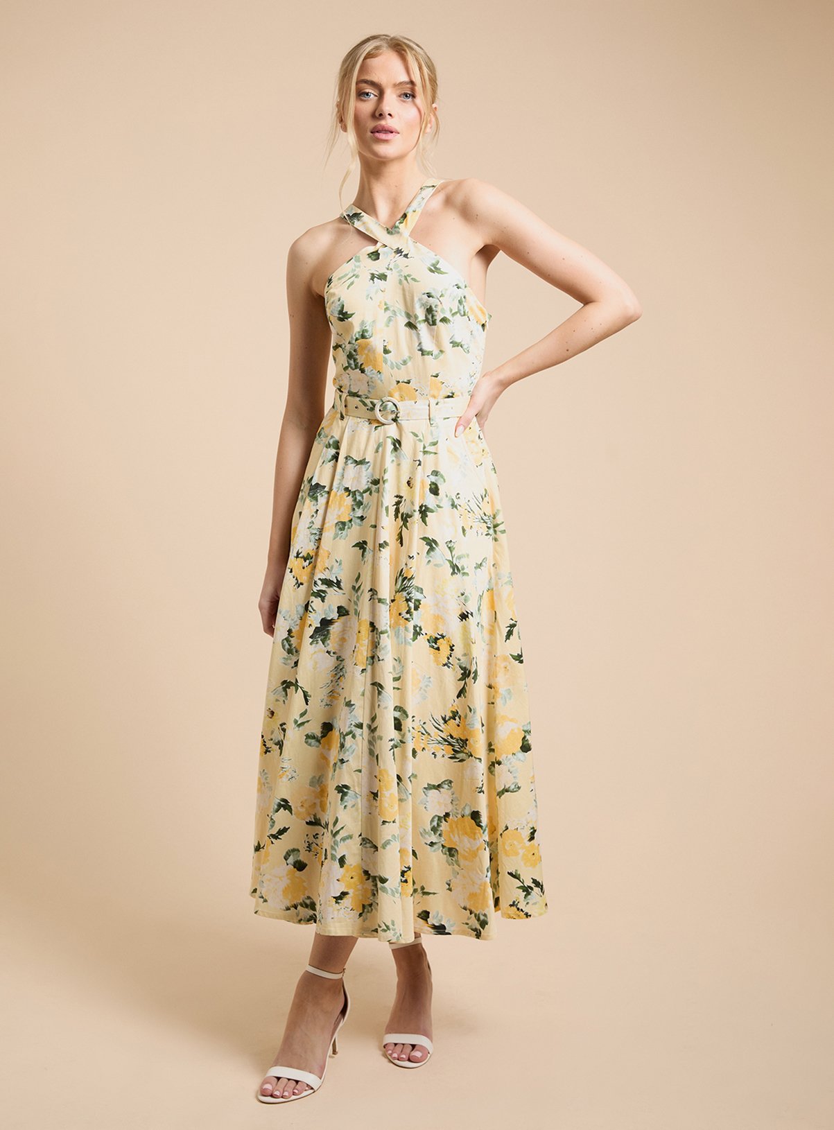 OASIS Lemon Floral Halter Cotton Poplin Midi Dress 