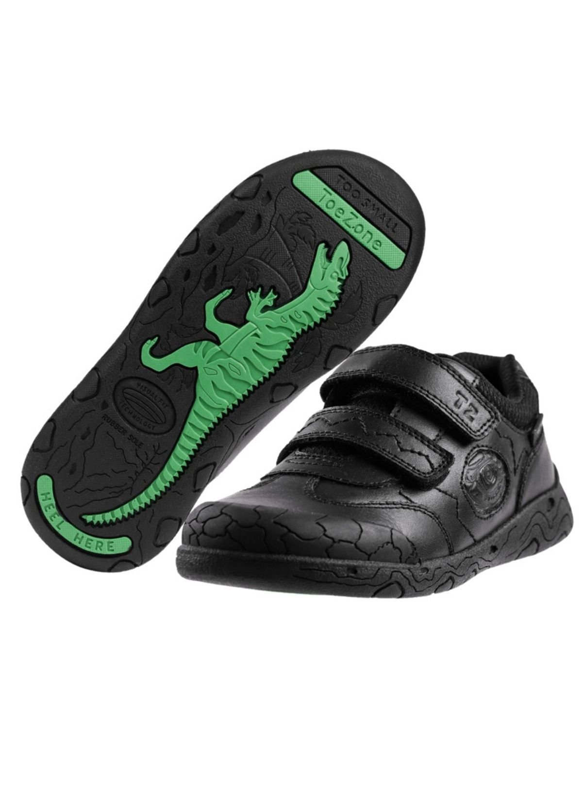 TOEZONE Ricky Boys Rubber Rip Tape Black Dinosaur School Shoes 