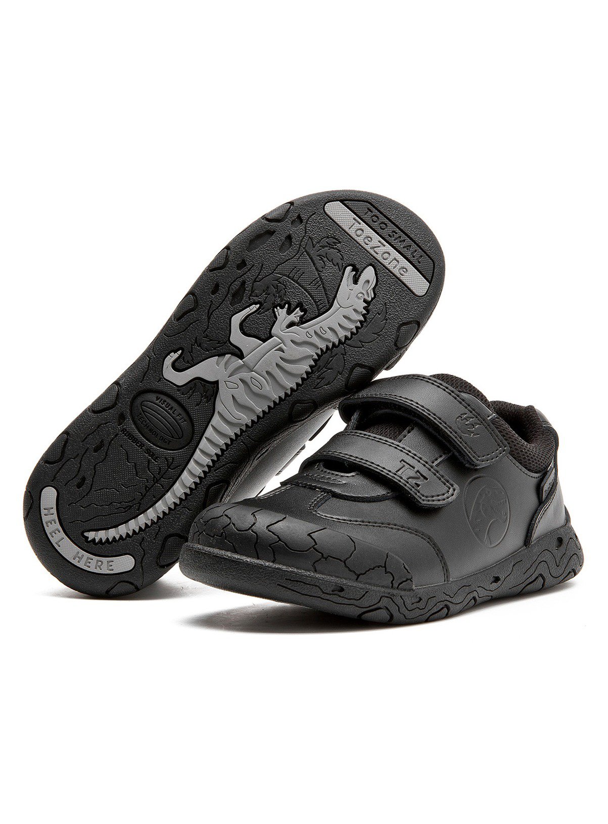TOEZONE Caleb Boys Rubber Rip Tape Black Dinosaur School Shoes 