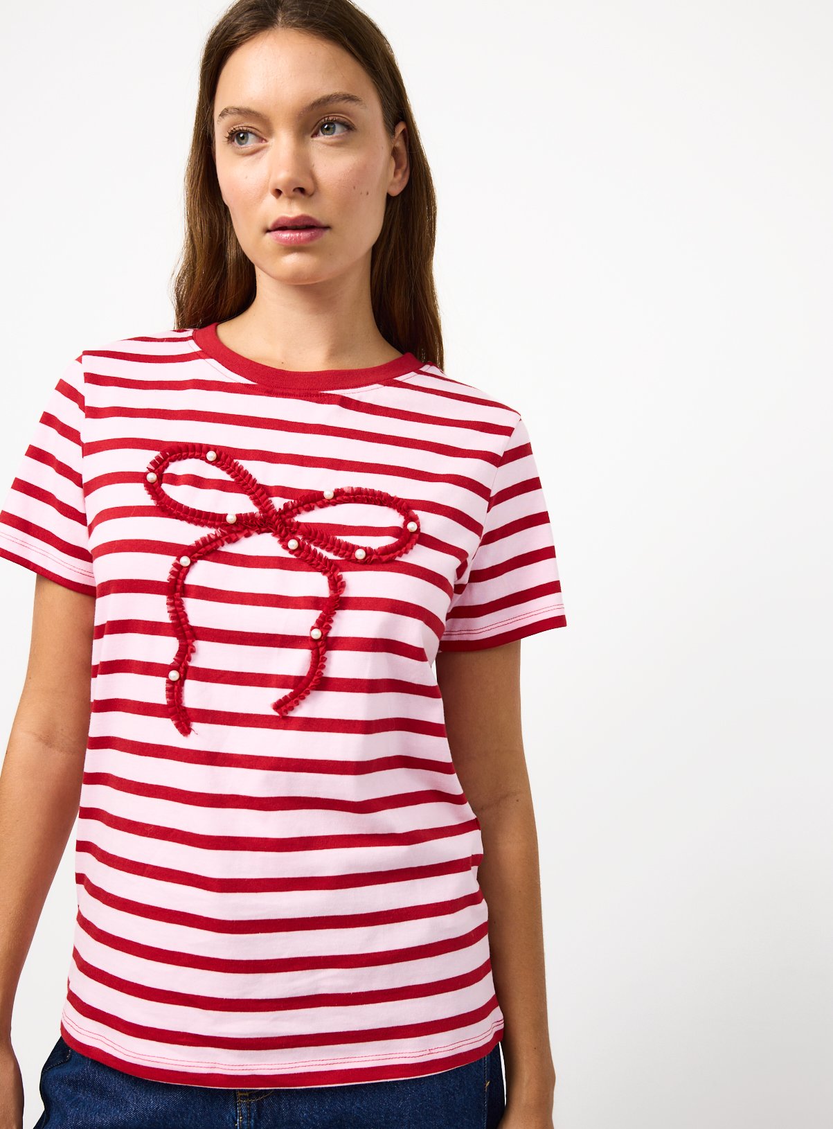 Pink Bow Appliqué Regular Fit Stripe T-Shirt 