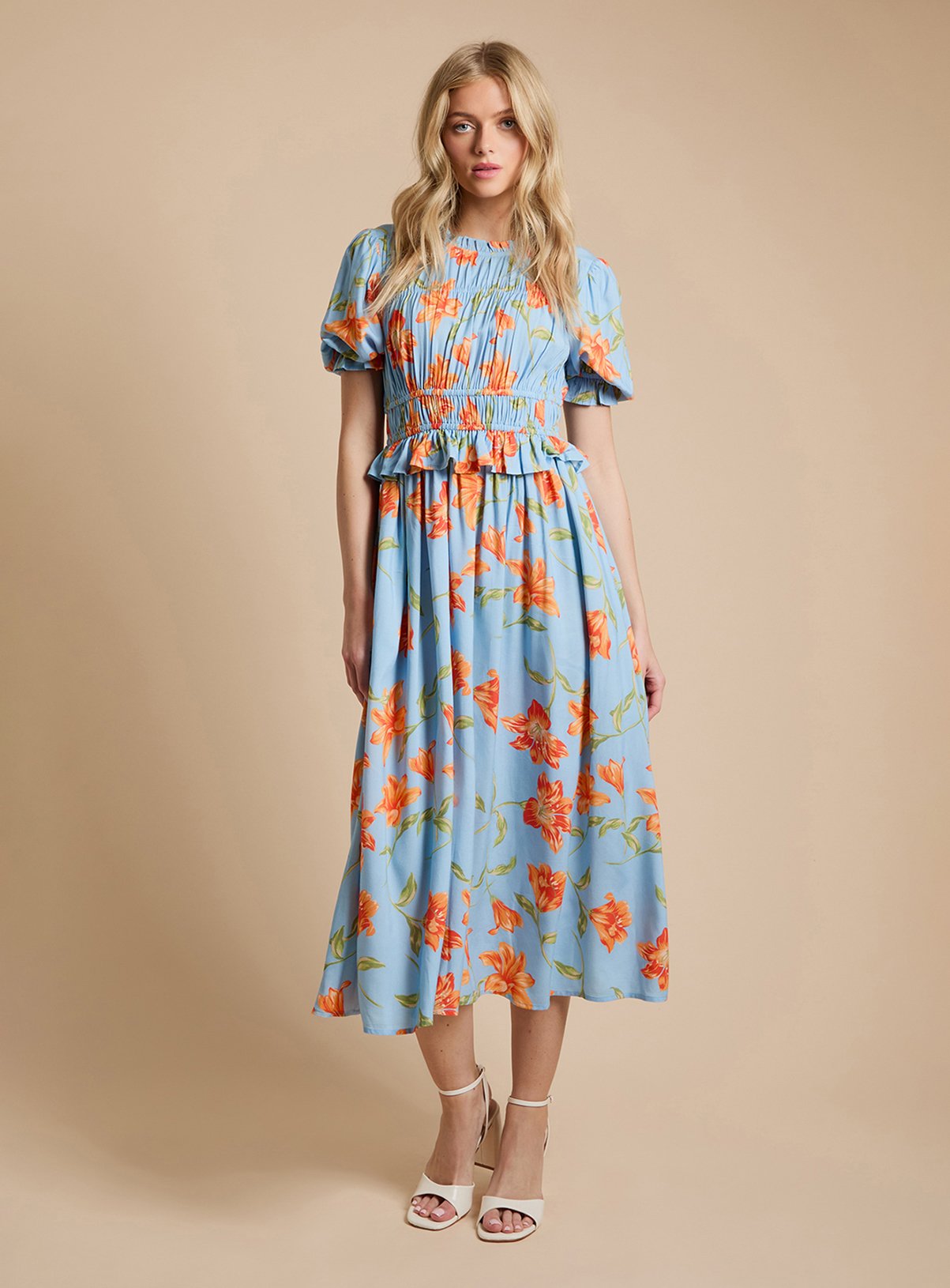 DOROTHY PERKINS Shirred Bodice Frill Midi Dress 
