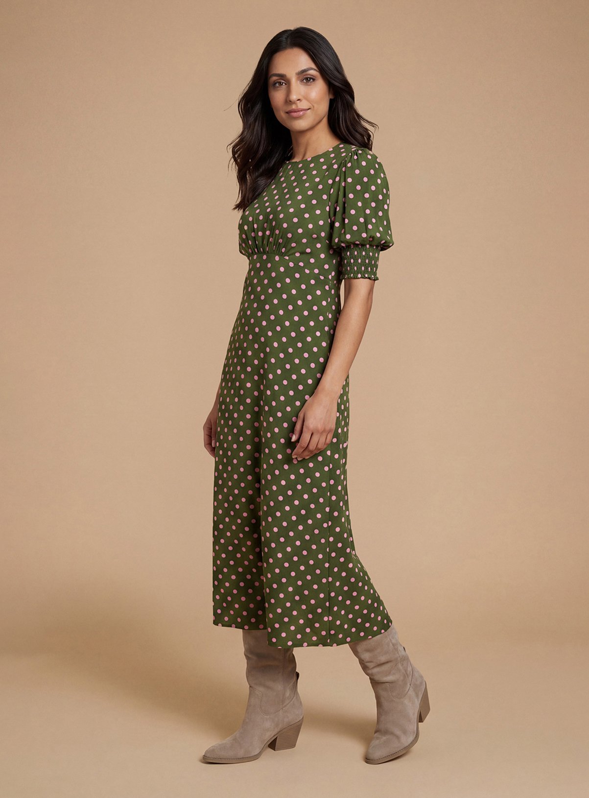 DOROTHY PERKINS Petite Pink Spot Shirred Cuff Midi Dress 