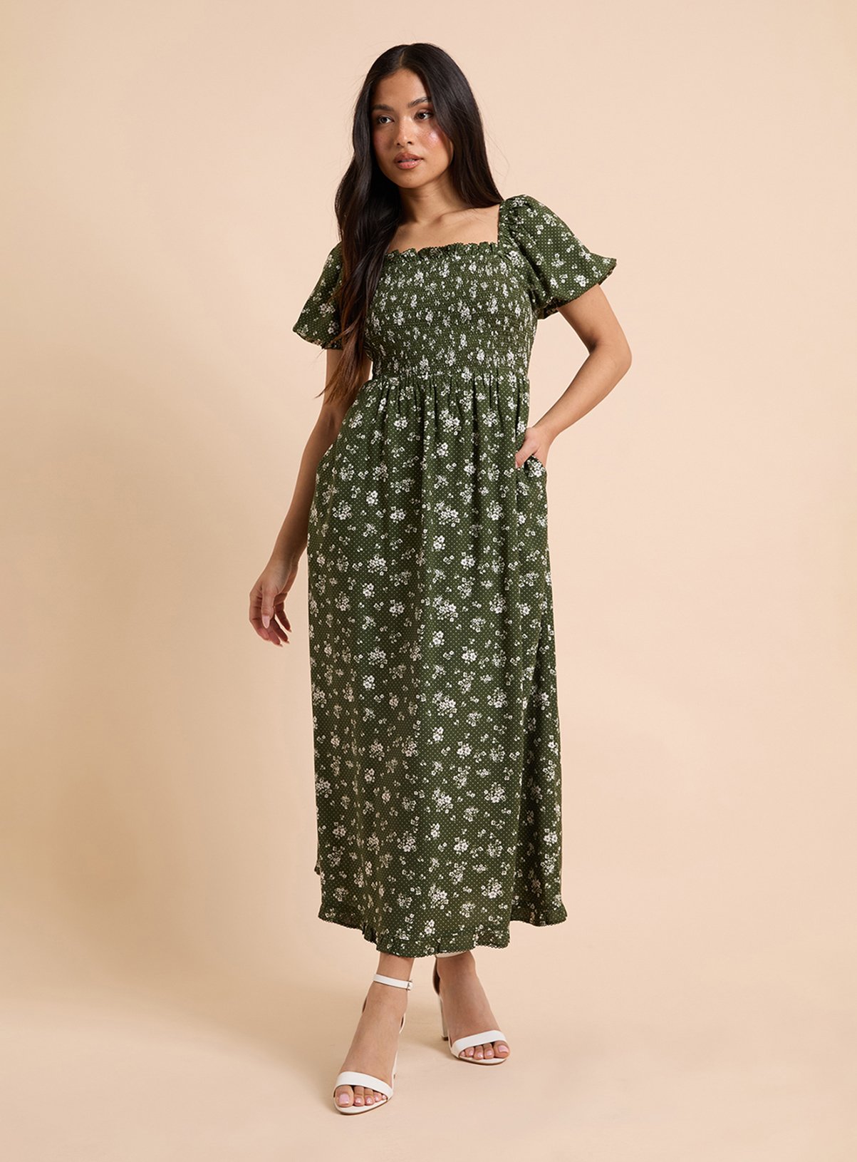 DOROTHY PERKINS Petite Mono Floral Shirred Bodice Trim Detail Midaxi Dress 