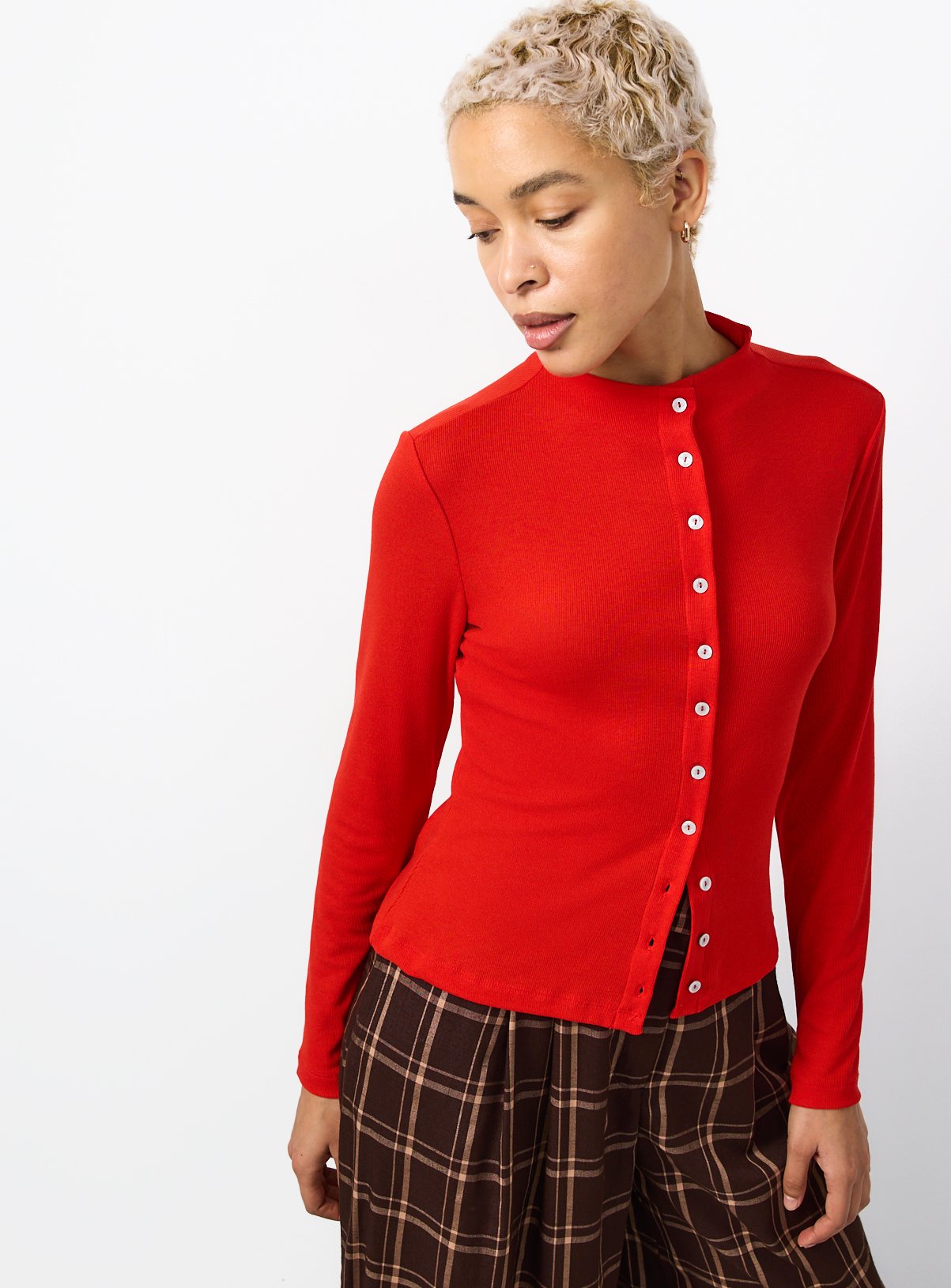 Brushed High Neck Button-Through Cardigan 