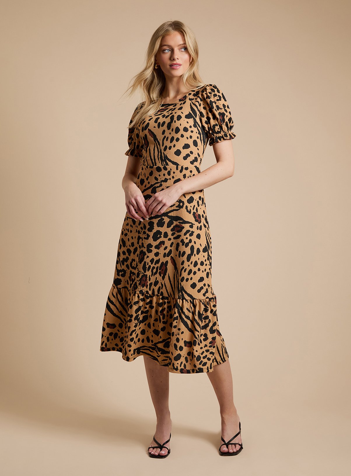 DOROTHY PERKINS Animal Frill Neck Puff Sleeve Printed Jersey Midi Dress 