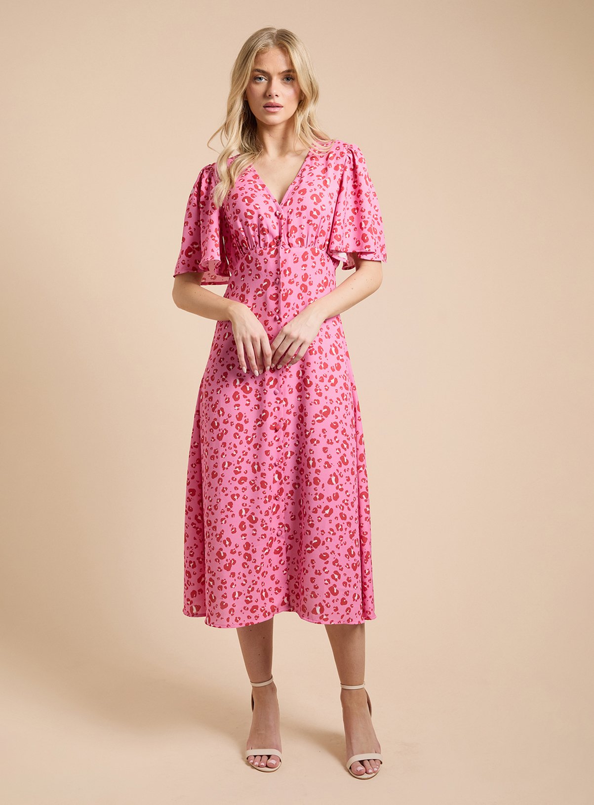 DOROTHY PERKINS Animal Button Front Angel Sleeve Tie Back Midi Dress 
