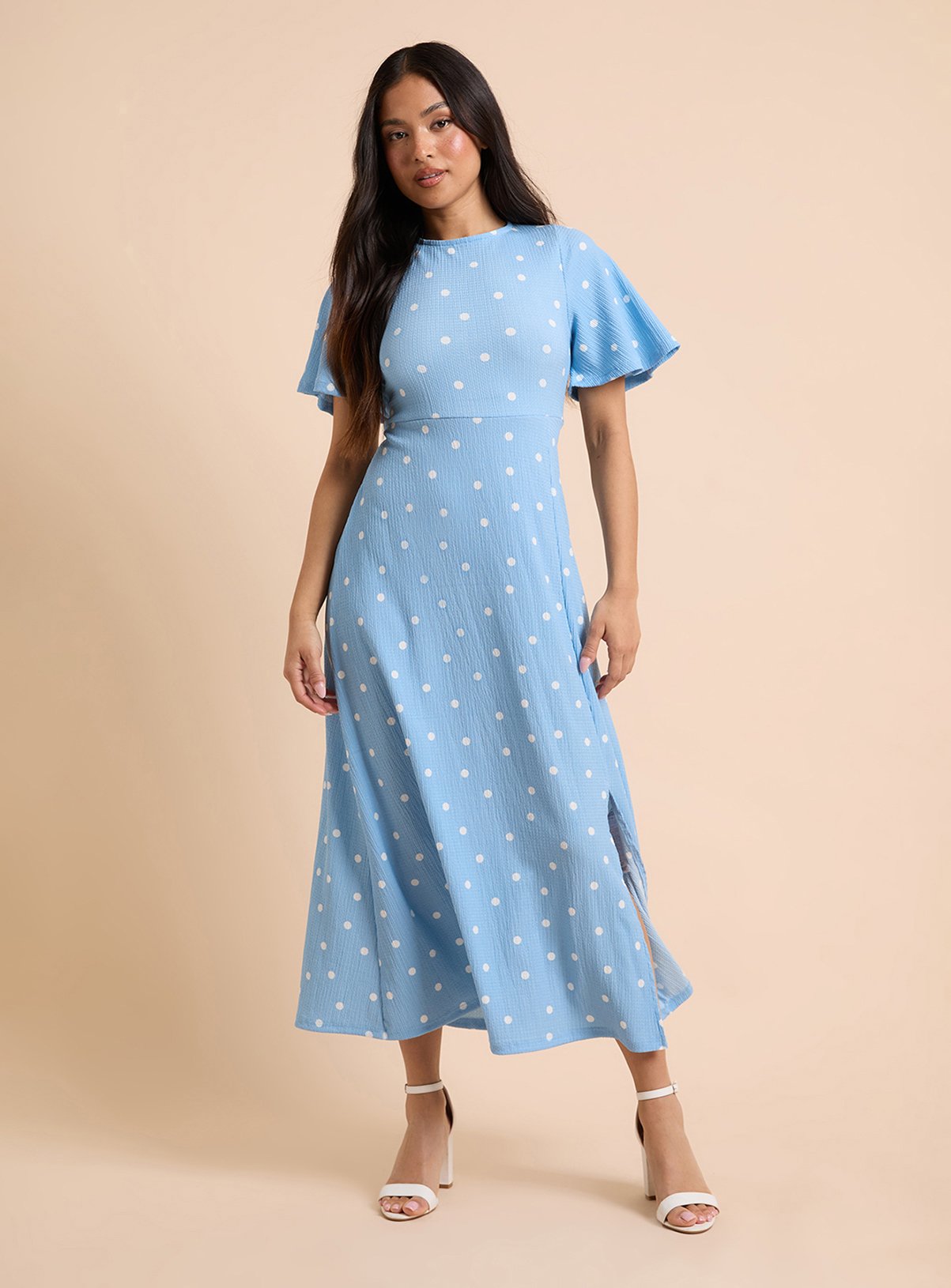 DOROTHY PERKINS Blue Spot Petite Angel Sleeve Midaxi Dress 12