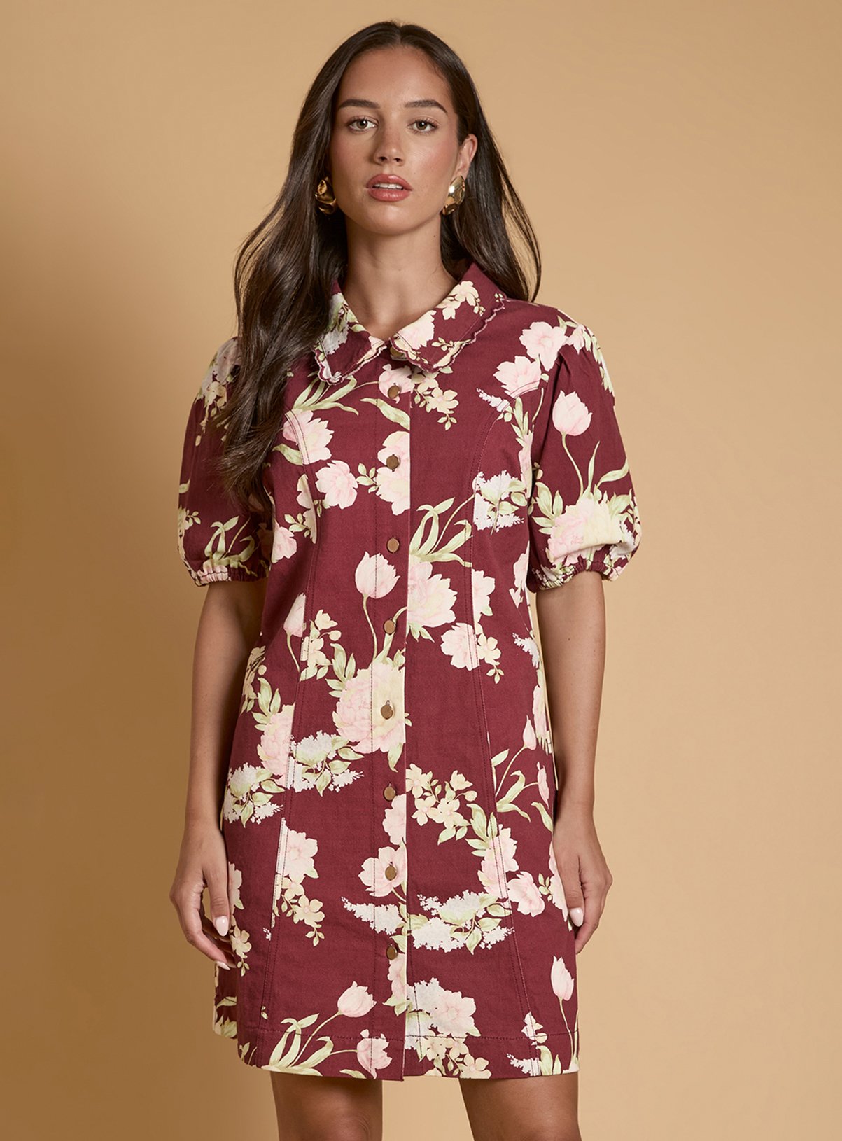 OASIS Printed Denim Puff Sleeve Dress 