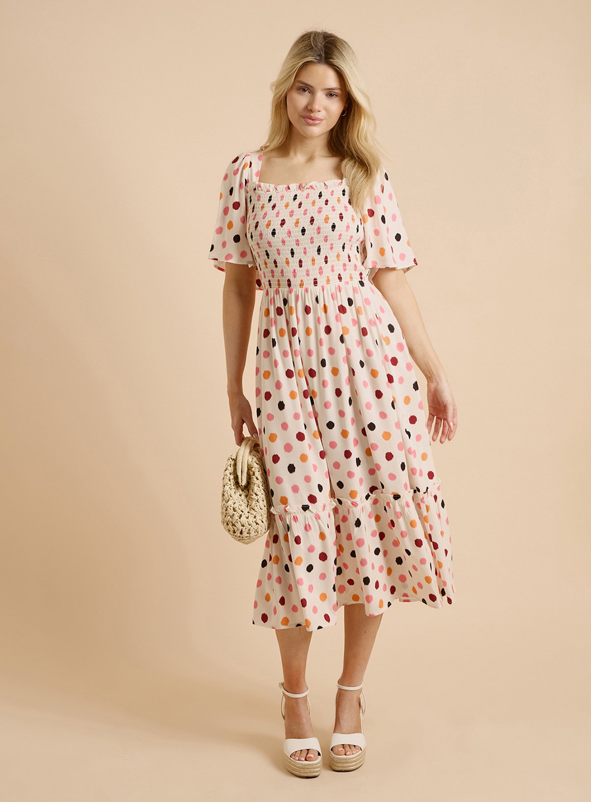 DOROTHY PERKINS Cream Spot Shirred Bodice Flutter Sleeve Midi Dress 