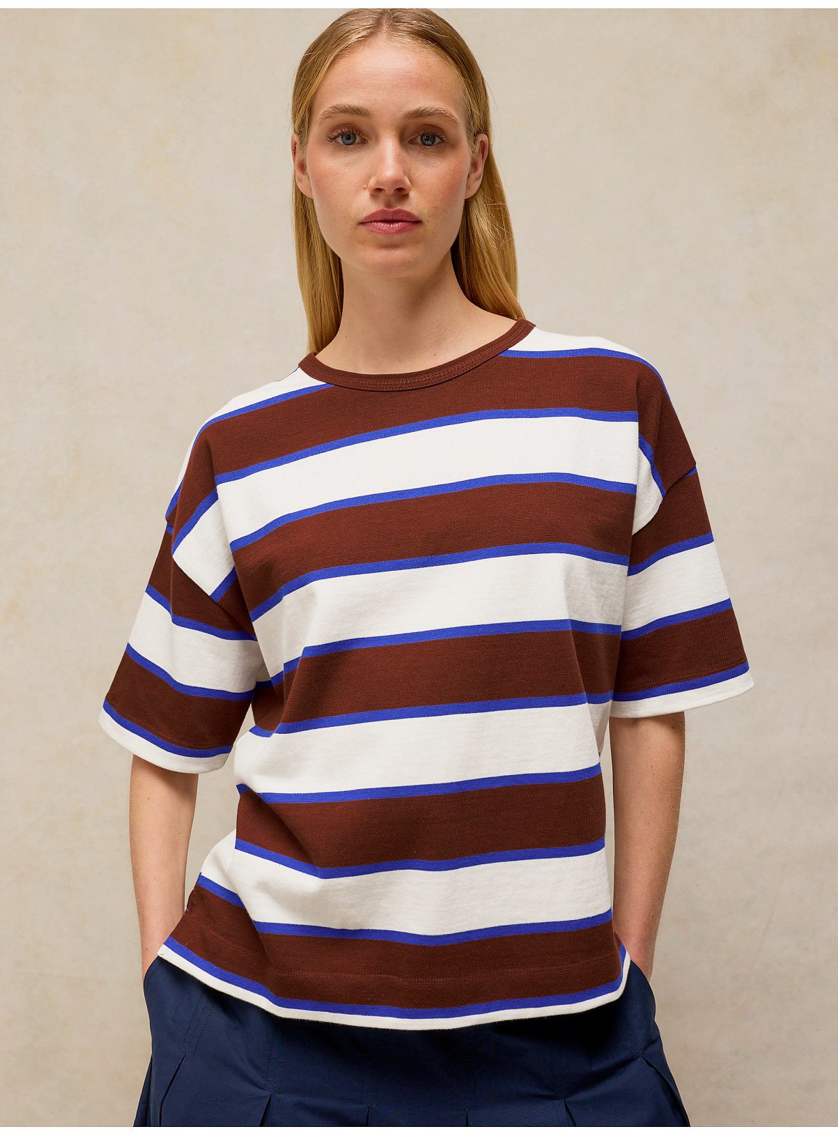 WHITE STUFF Kat Stripe Midweight T-Shirt Brown 