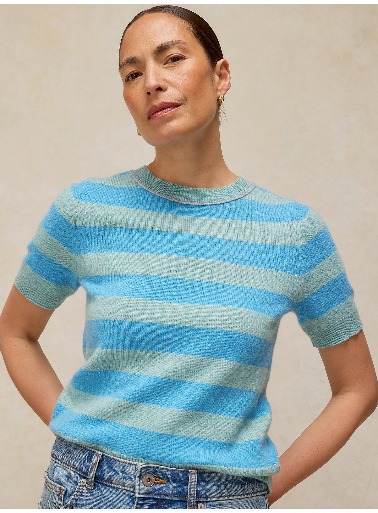 WHITE STUFF Sansa Wool Blend Stripe Knitted T-Shirt Blue 