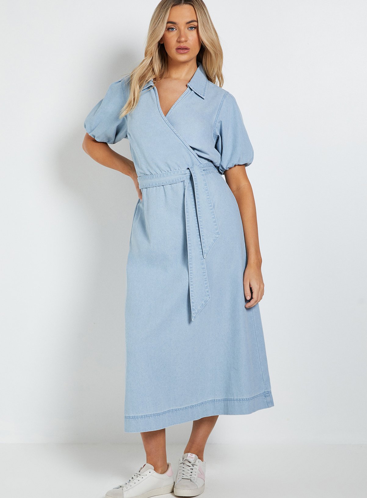 DOROTHY PERKINS Volume Sleeve Wrap Midi Denim Dress 