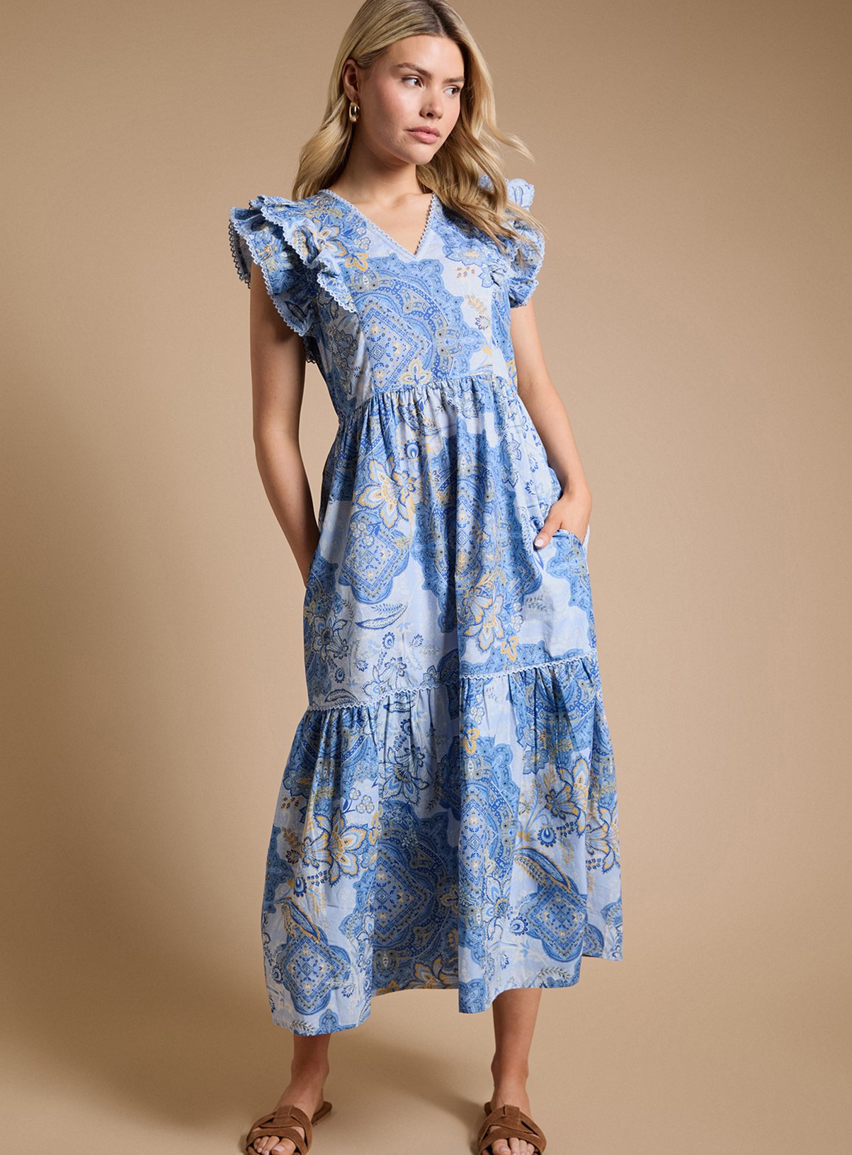 DOROTHY PERKINS Blue Paisley Lace Trim V Neck Printed Poplin Midaxi Dress 12