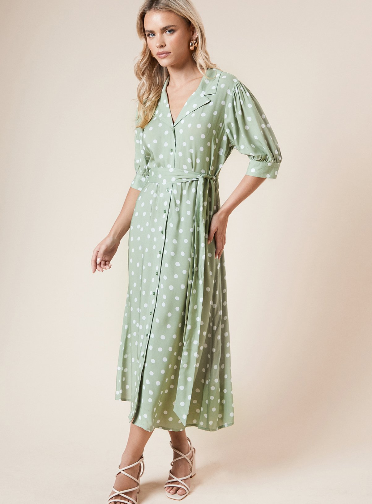 DOROTHY PERKINS Petite Green Spot Belted Puff Sleeve Shirt Dress 