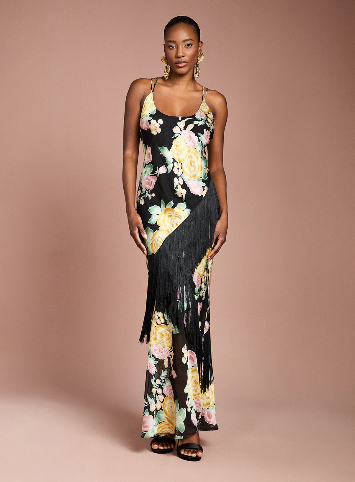 COAST Strappy Satin Jacquard Fringe Detail Maxi Dress 