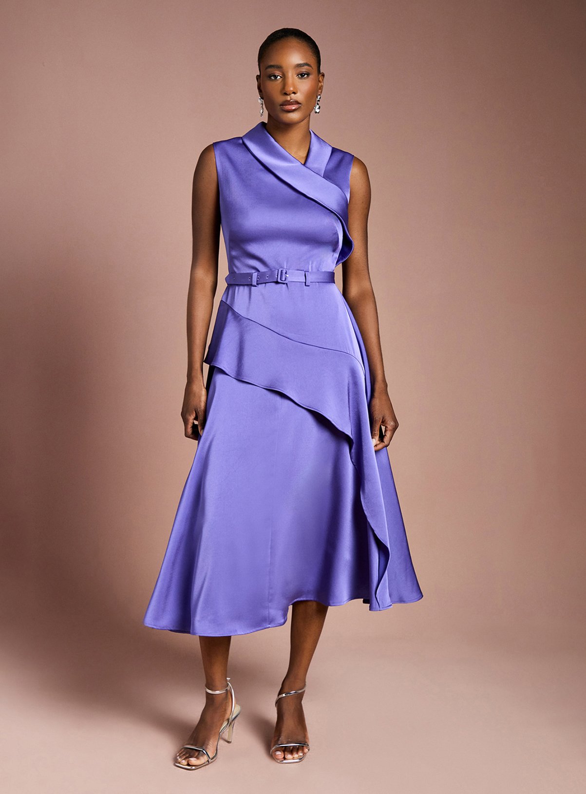 COAST Waterfall Ruffle Belted Satin Midi Dress 