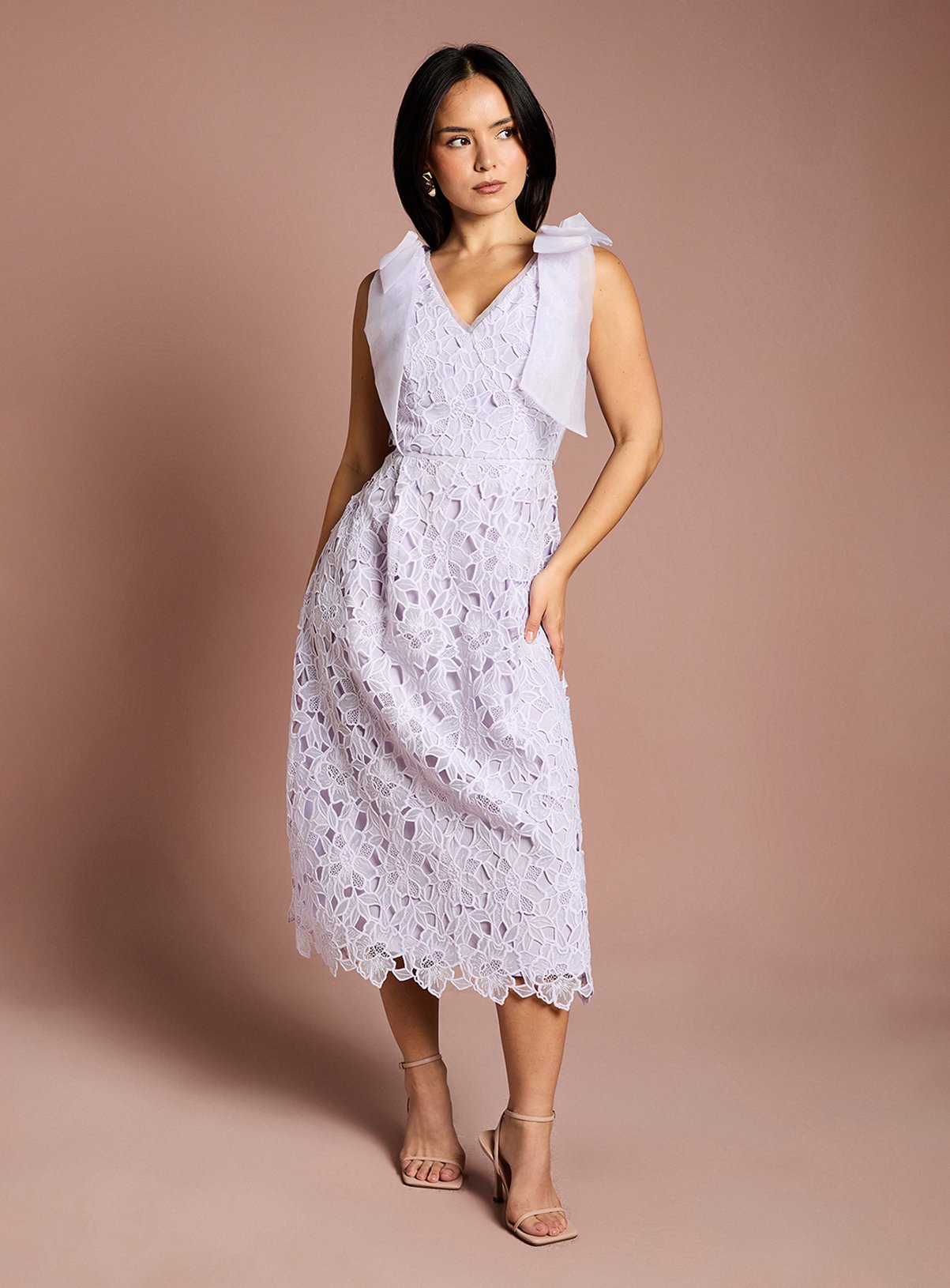 COAST Petite Bow Shoulder Organza Lace Midi Dress 