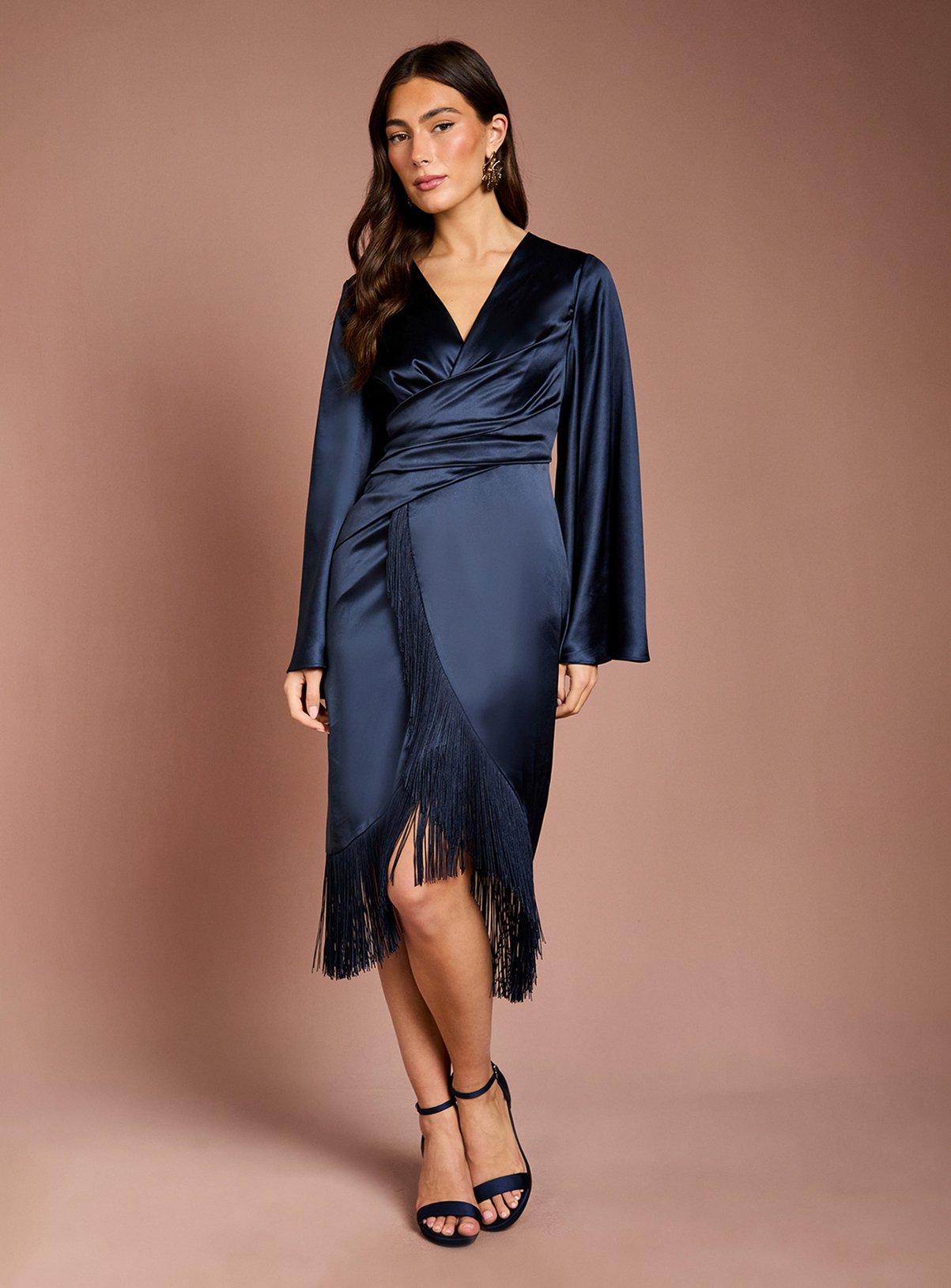 COAST Satin Fringe Hem Wrap Waist Midi Dress 