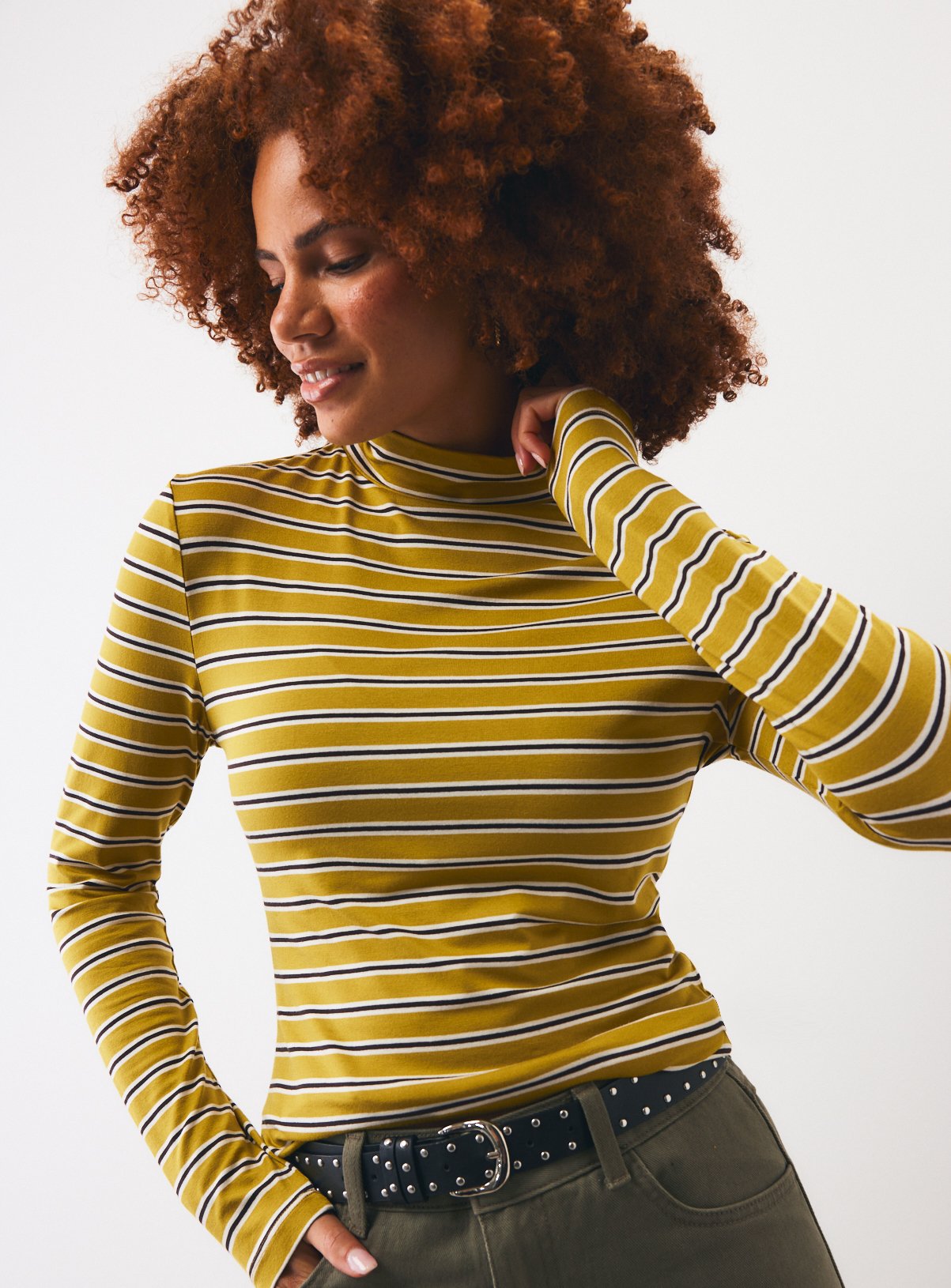 Rib Roll Neck Stripe Top 