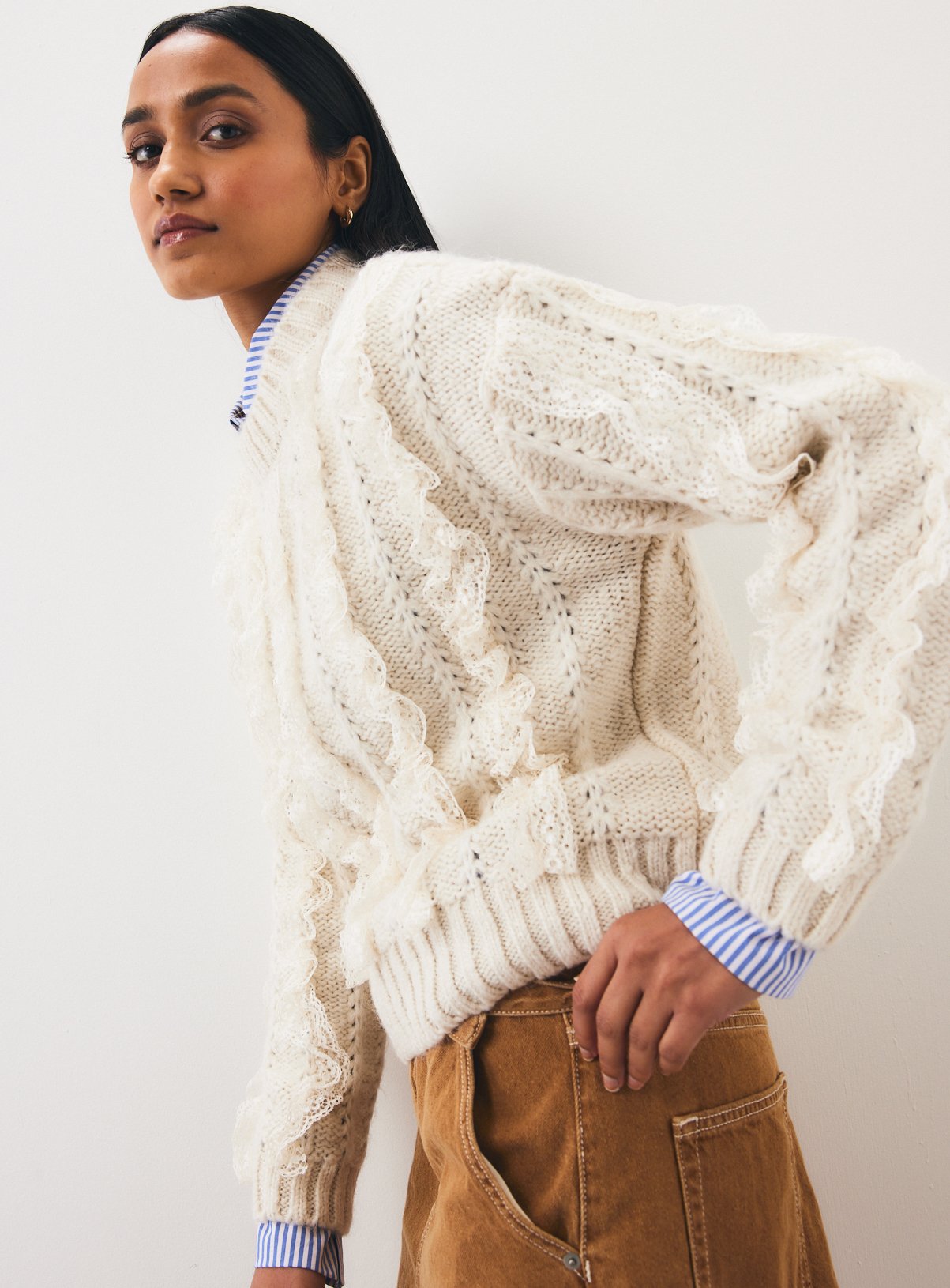 Cream Vertical Lace Crewneck Jumper 