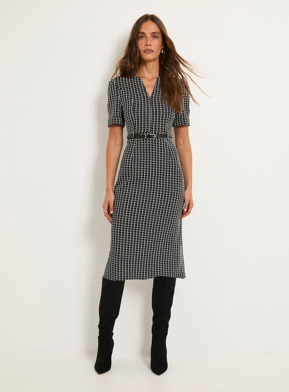 WALLIS Check Ponte Belted Midi Dress 