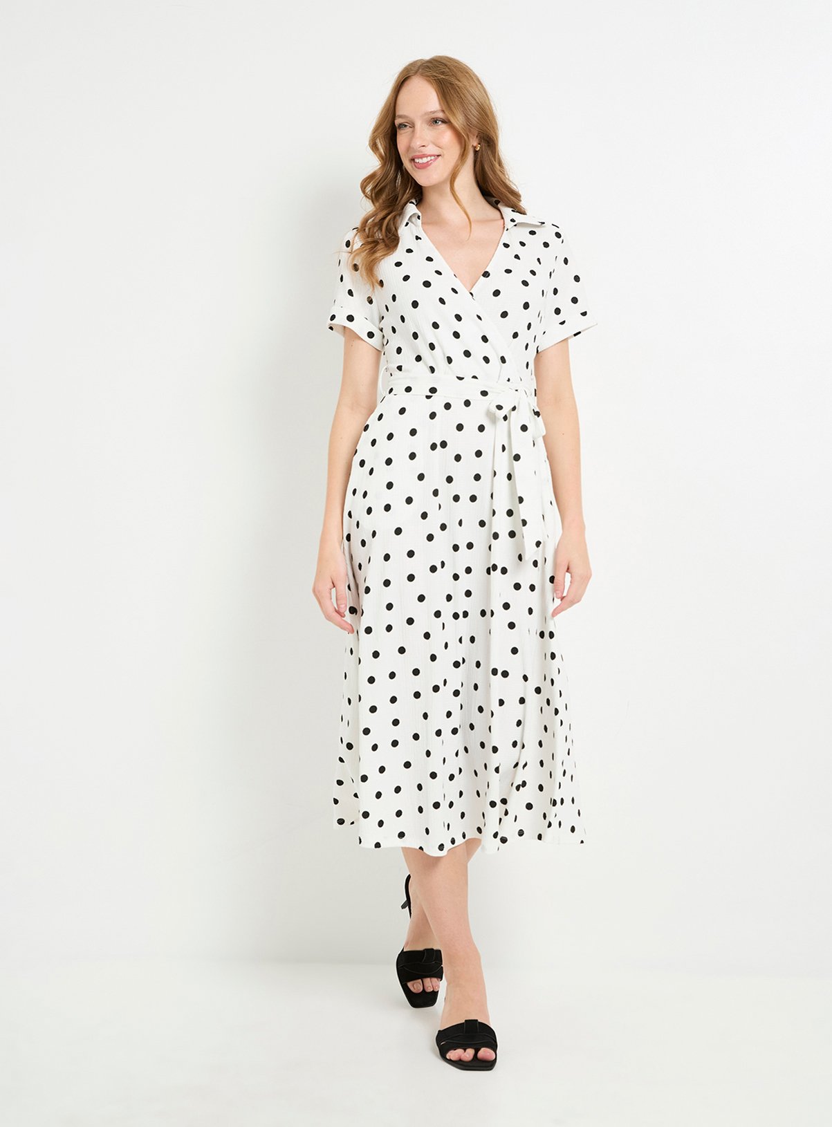 WALLIS Spot Jersey Roll Sleeve Belted Midi Dress 