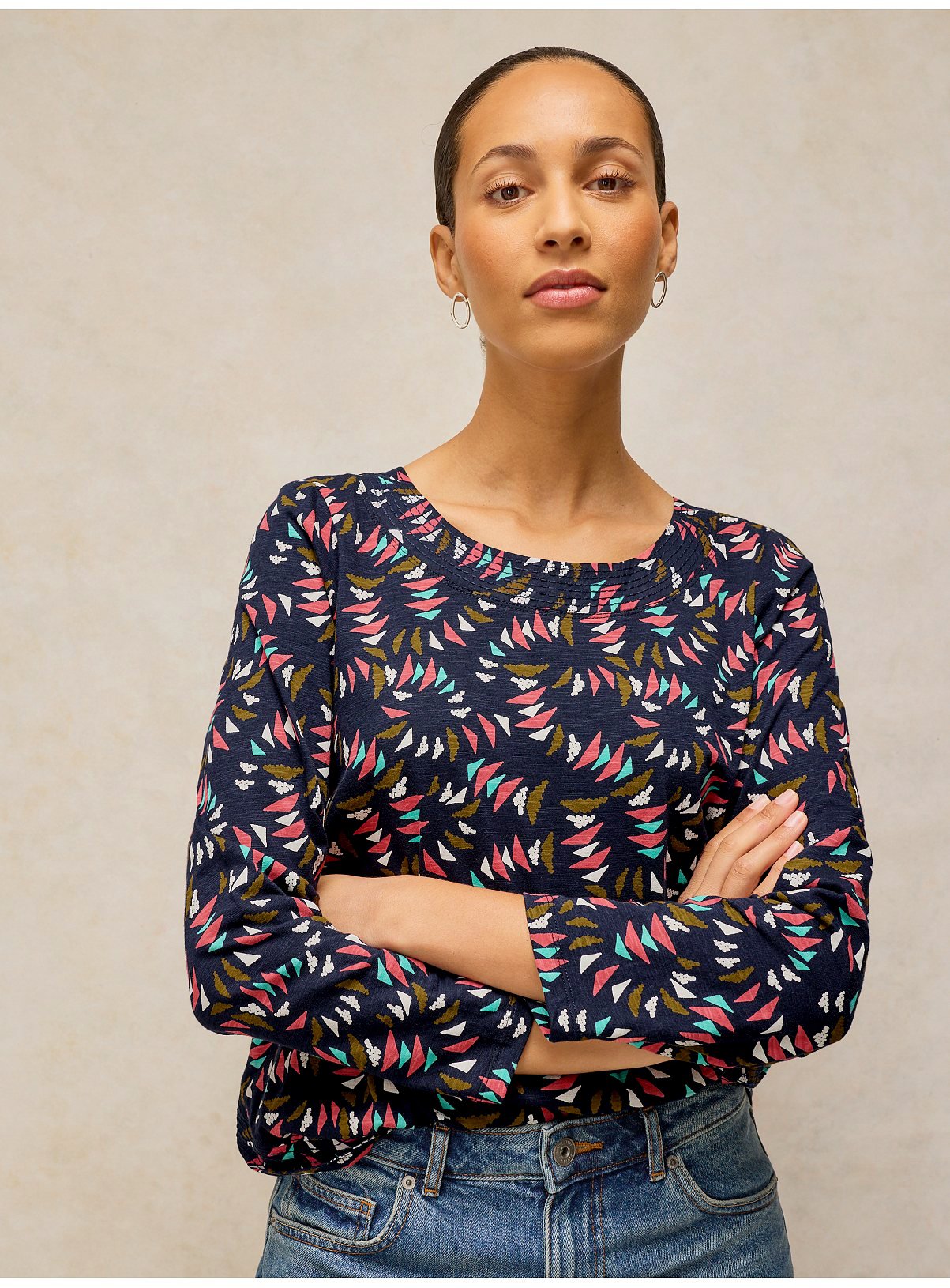 WHITE STUFF Weaver Long Sleeve T-Shirt Navy Abstract 