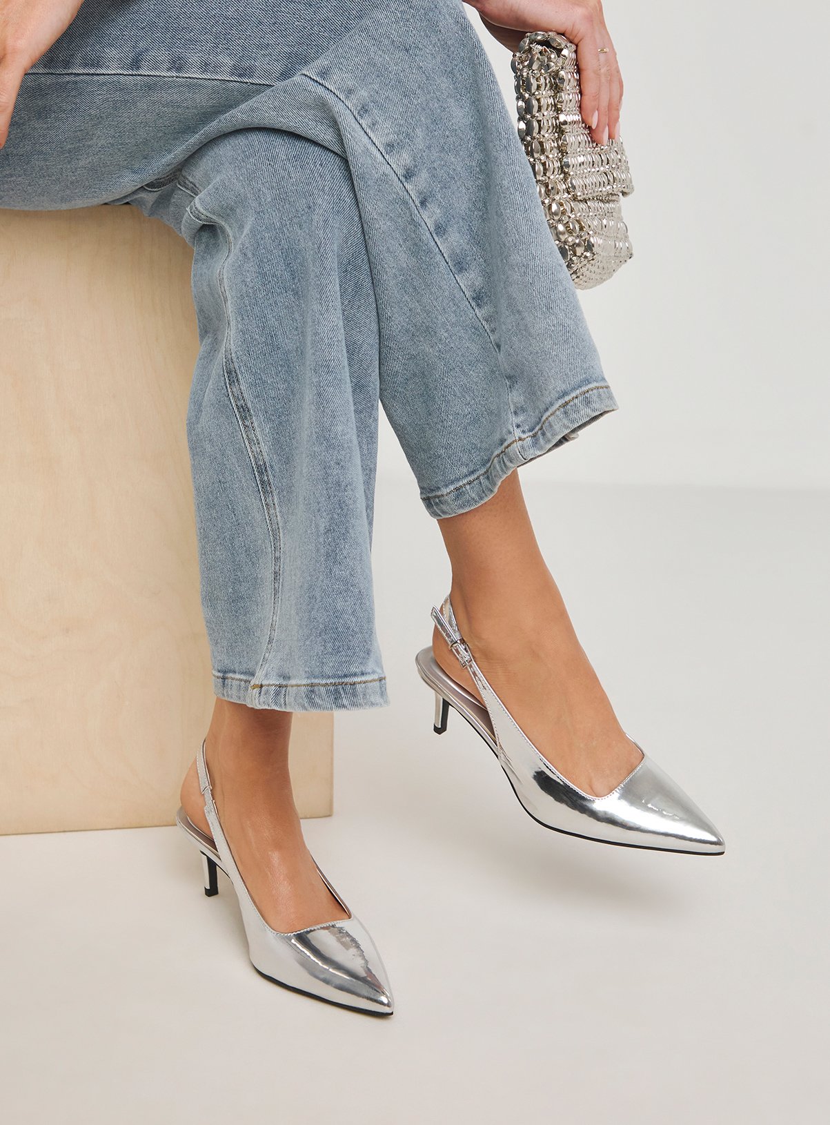 SIMPLY BE Silver Pointy Toe Slingback Wide Fit 