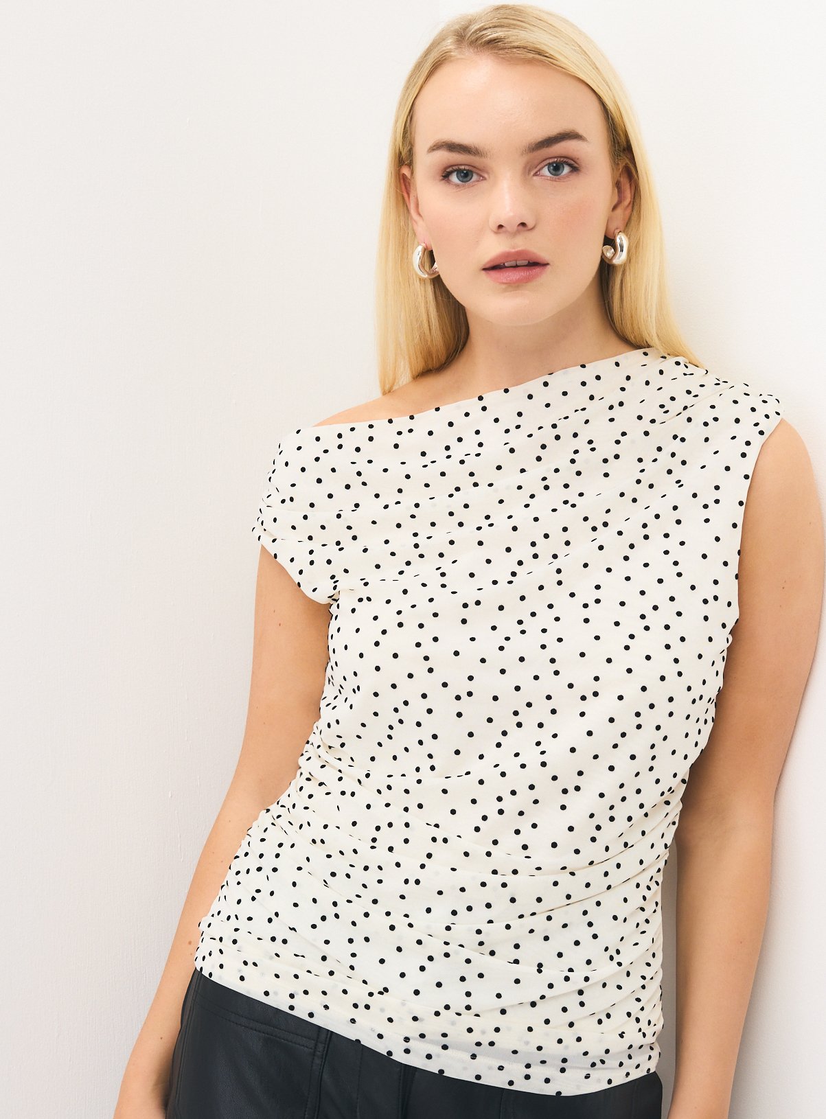 Cream Sleeveless Draped Flocked Spot Mesh Top 