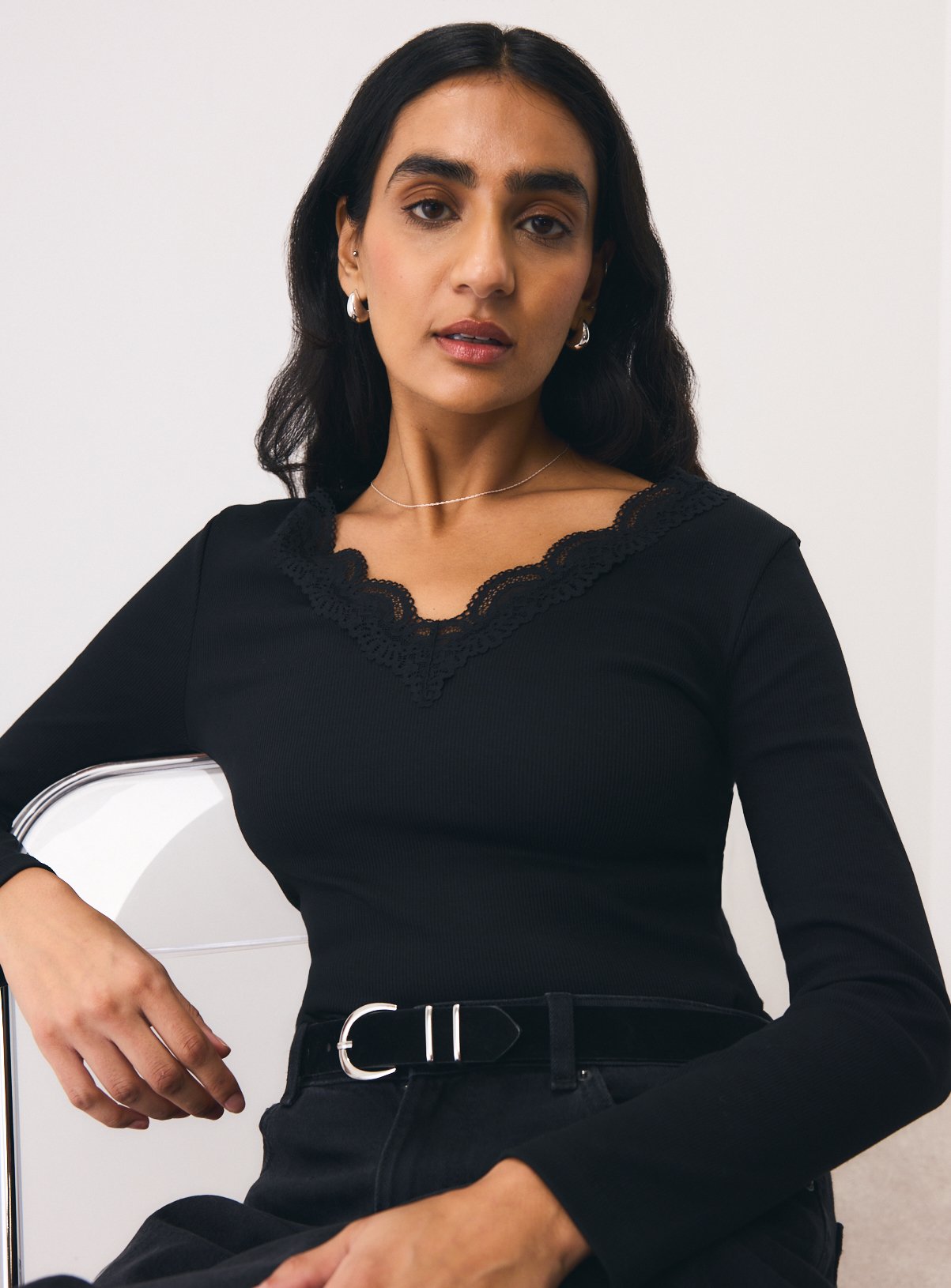 Lace Trim V-Neck Long Sleeve Top 
