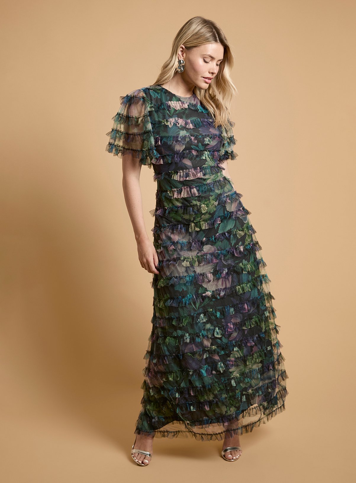 OASIS Floral Print Ruffle Mesh Maxi Dress 