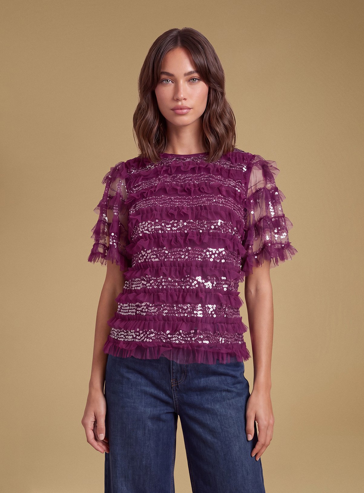 OASIS Ruffle Mesh Top With Sequins 