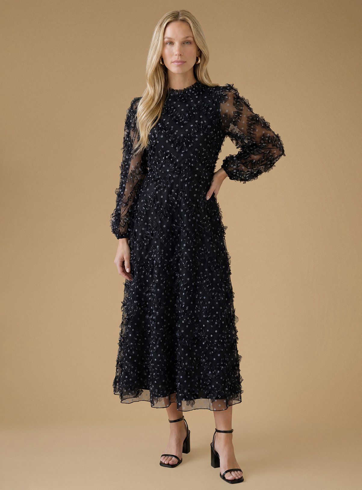 OASIS Long Sleeve Polka Dot Printed Mesh Midi Dress Black 