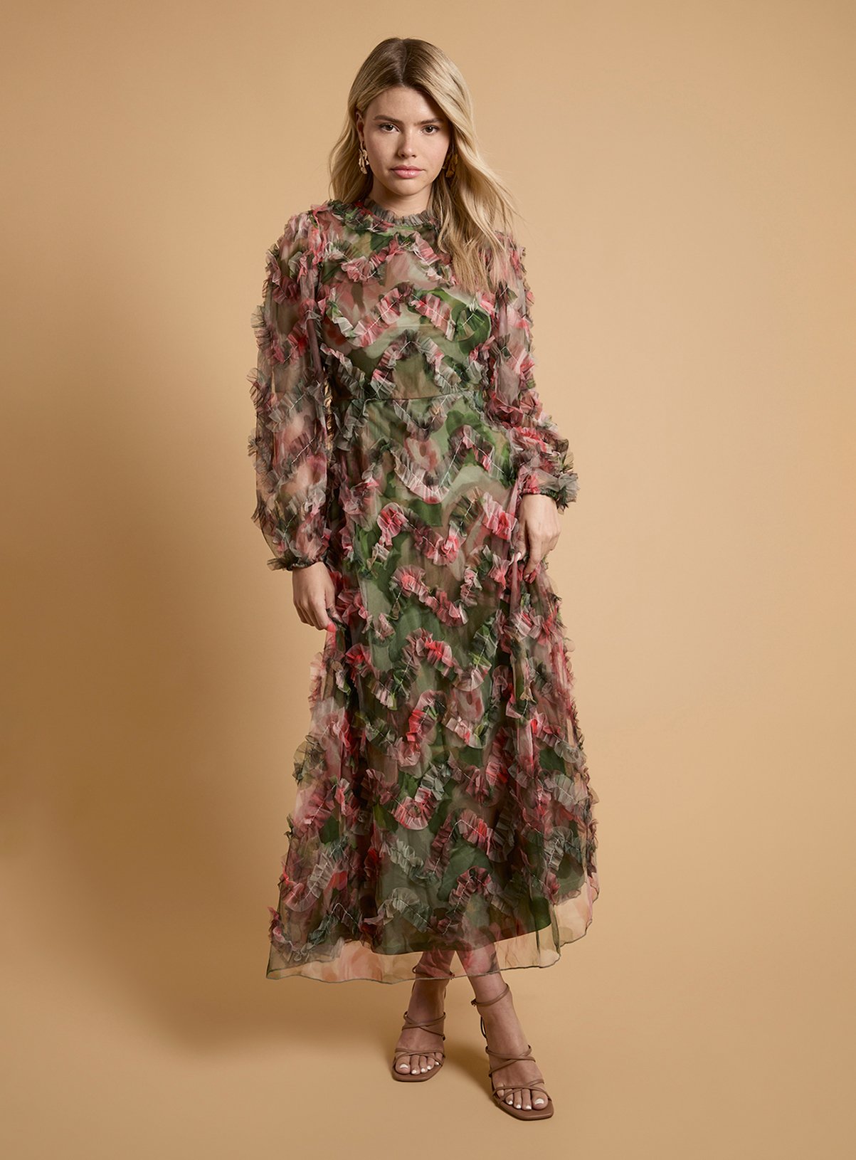 OASIS Long Sleeve Printed Mesh Midaxi Dress 