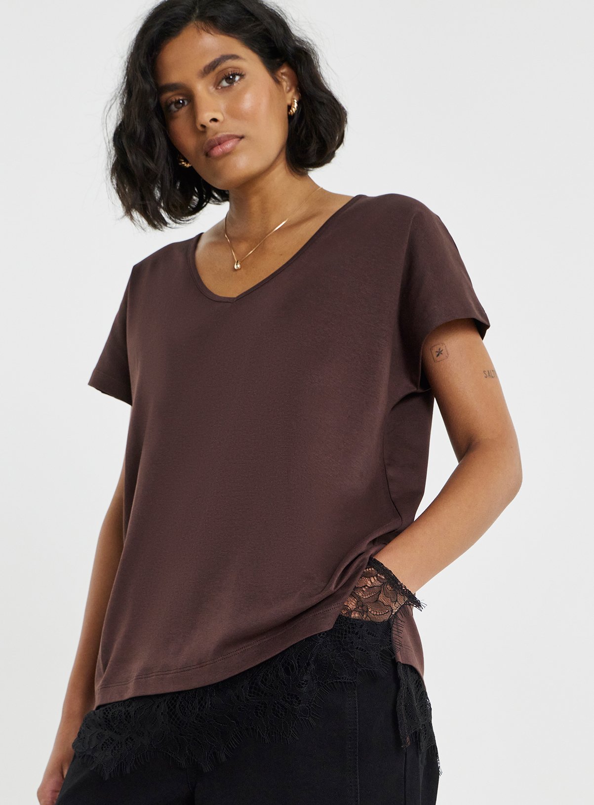 SIMPLY BE Brown Lace 2 in 1 T-Shirt 