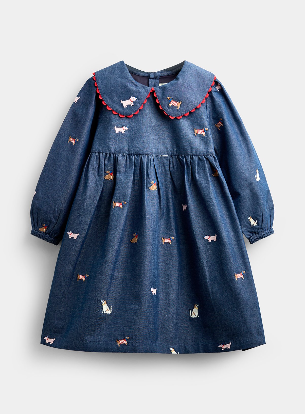 JOJO MAMAN BÉBÉ Pet Embroidered Chambray Dress Mid Wash Denim 