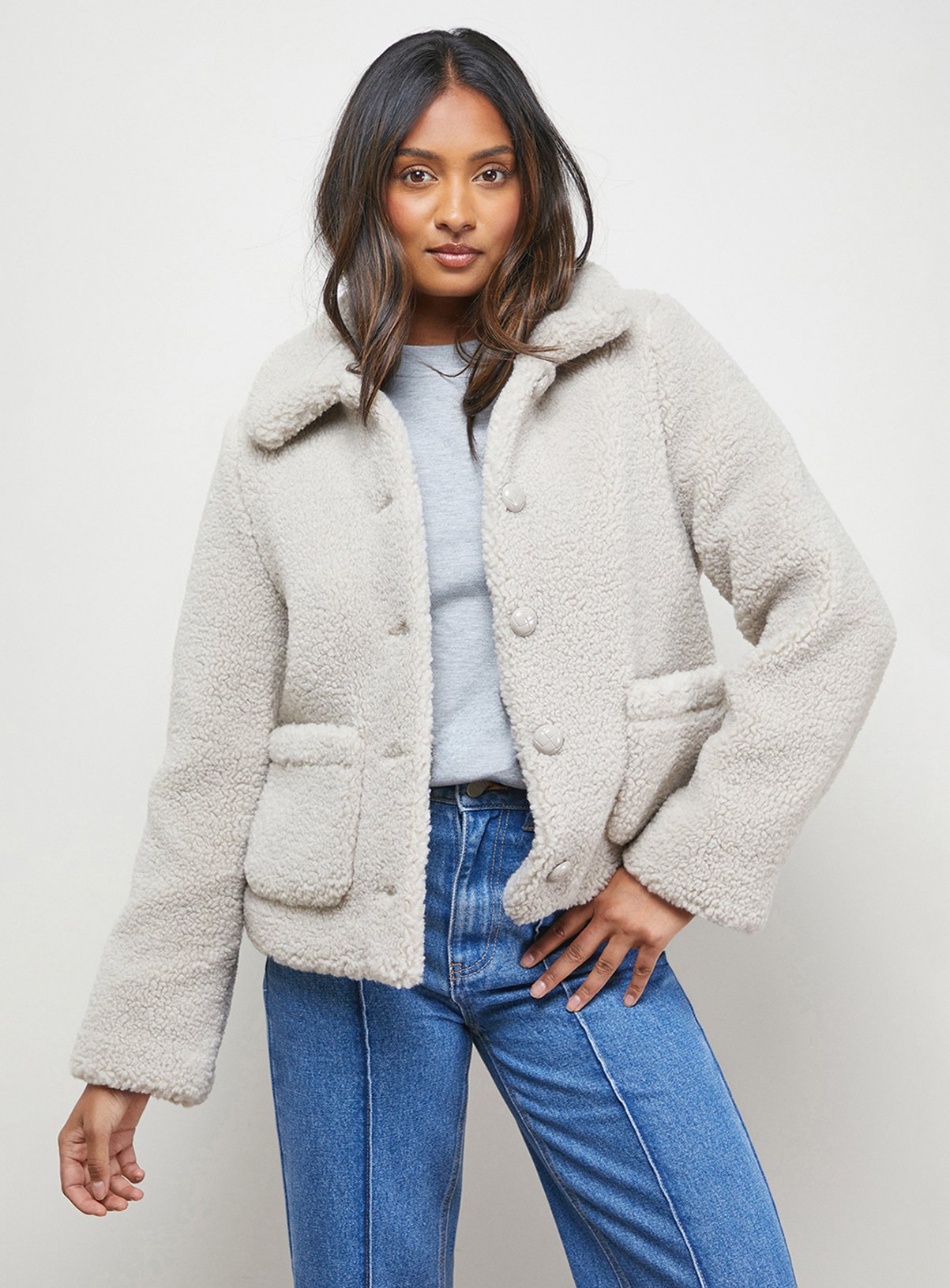 OASIS Teddy Shearling Button Through Short Jacket Stone 
