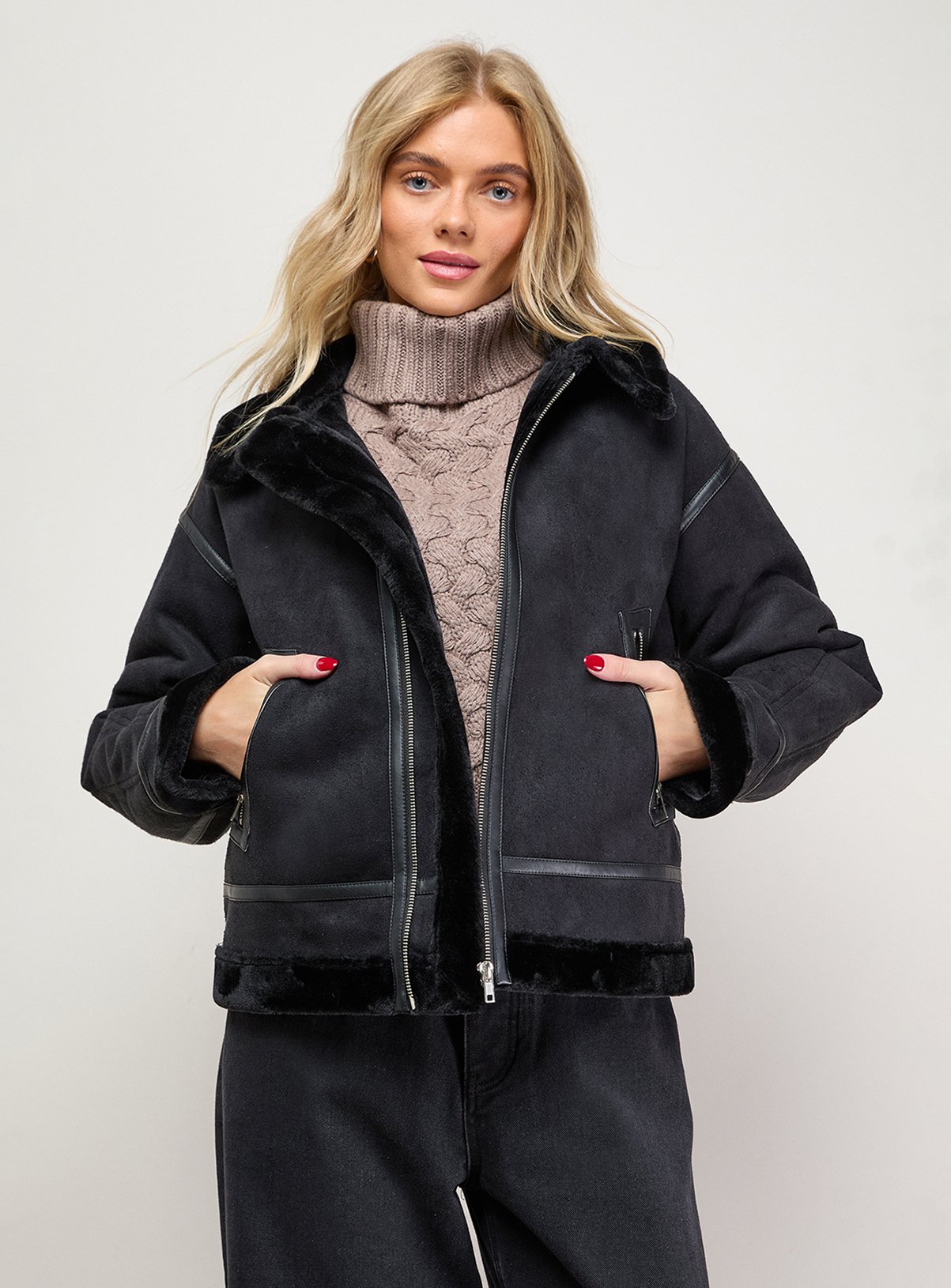 OASIS Zip Through Faux Leather Short Aviator Jacket 