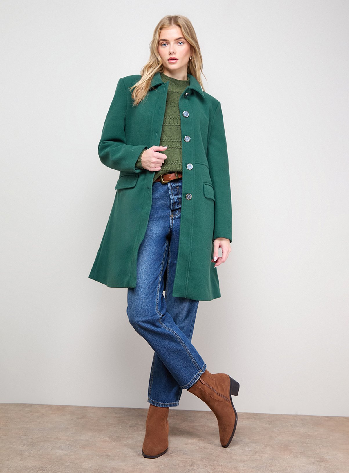 OASIS Faux Wool Button Through Dolly Coat Green 