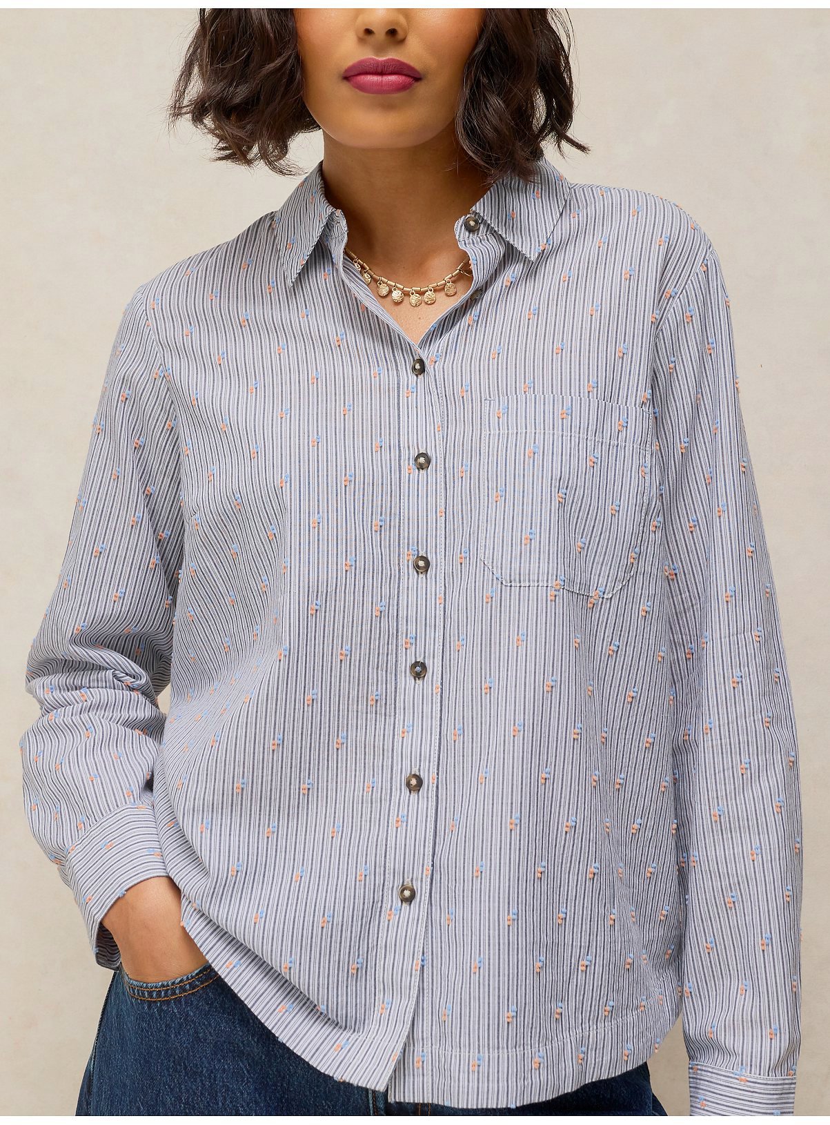 WHITE STUFF Libby Organic Cotton Blue Stripe Embroidered Shirt 