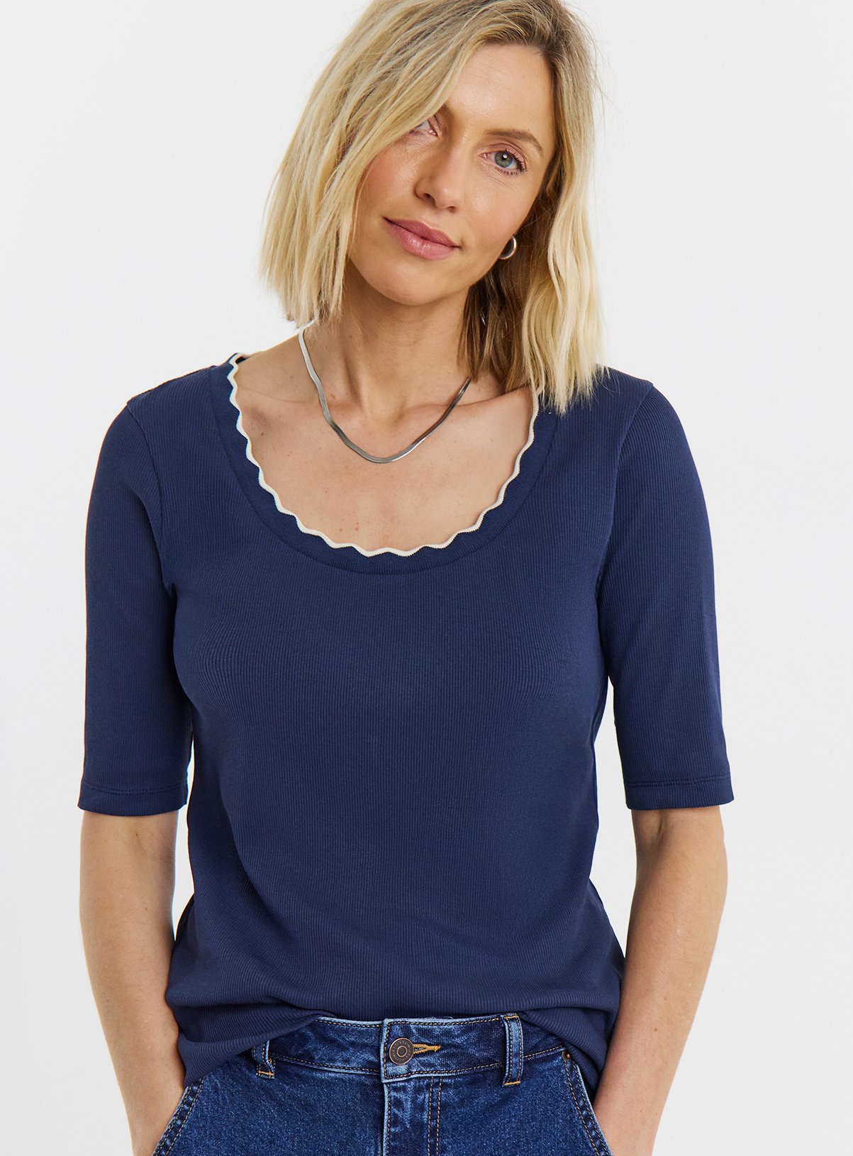 JD WILLIAMS Contrast Scallop Scoop Top Navy 