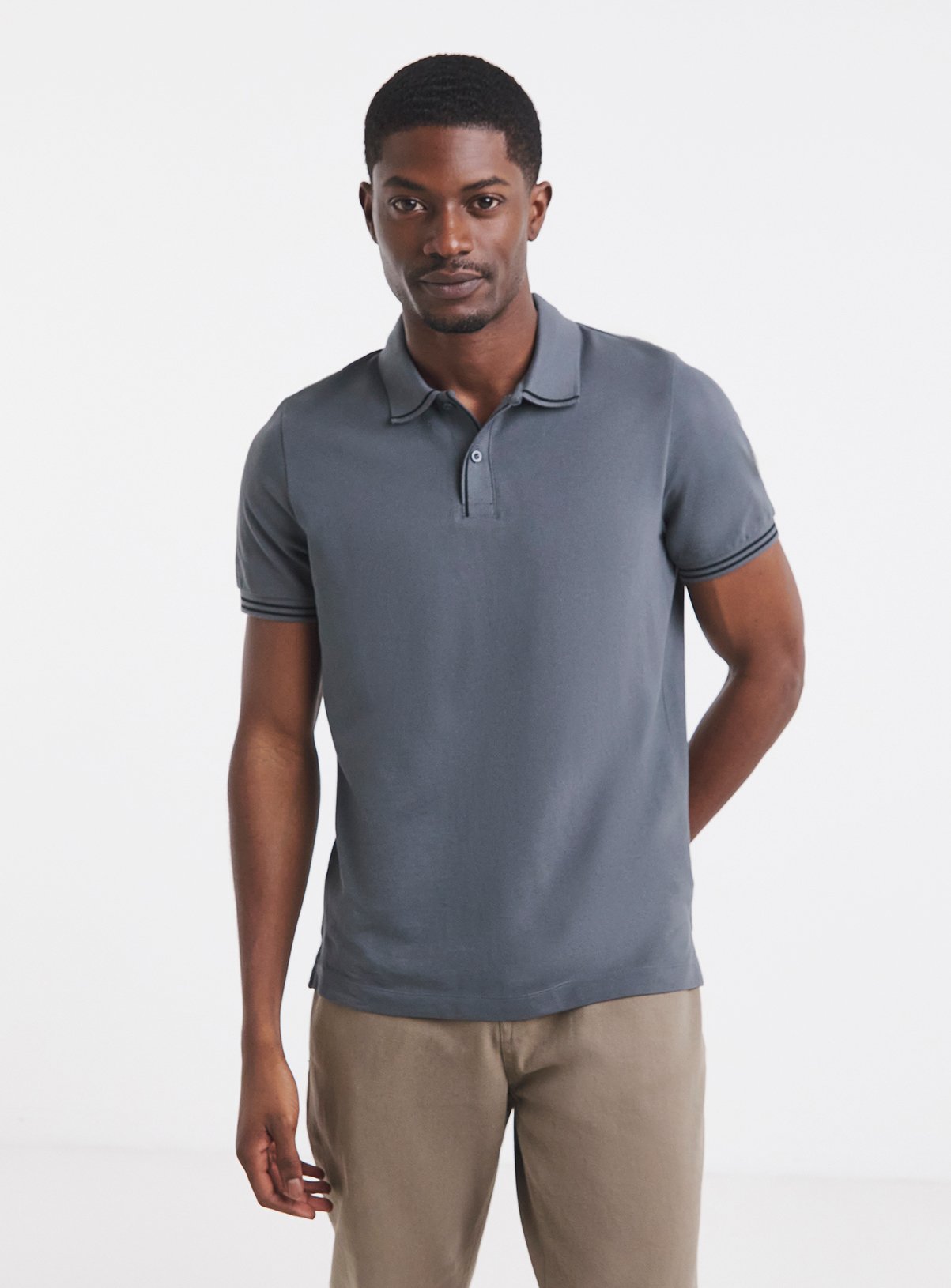 JACAMO Tipped Pique Polo Long Grey 