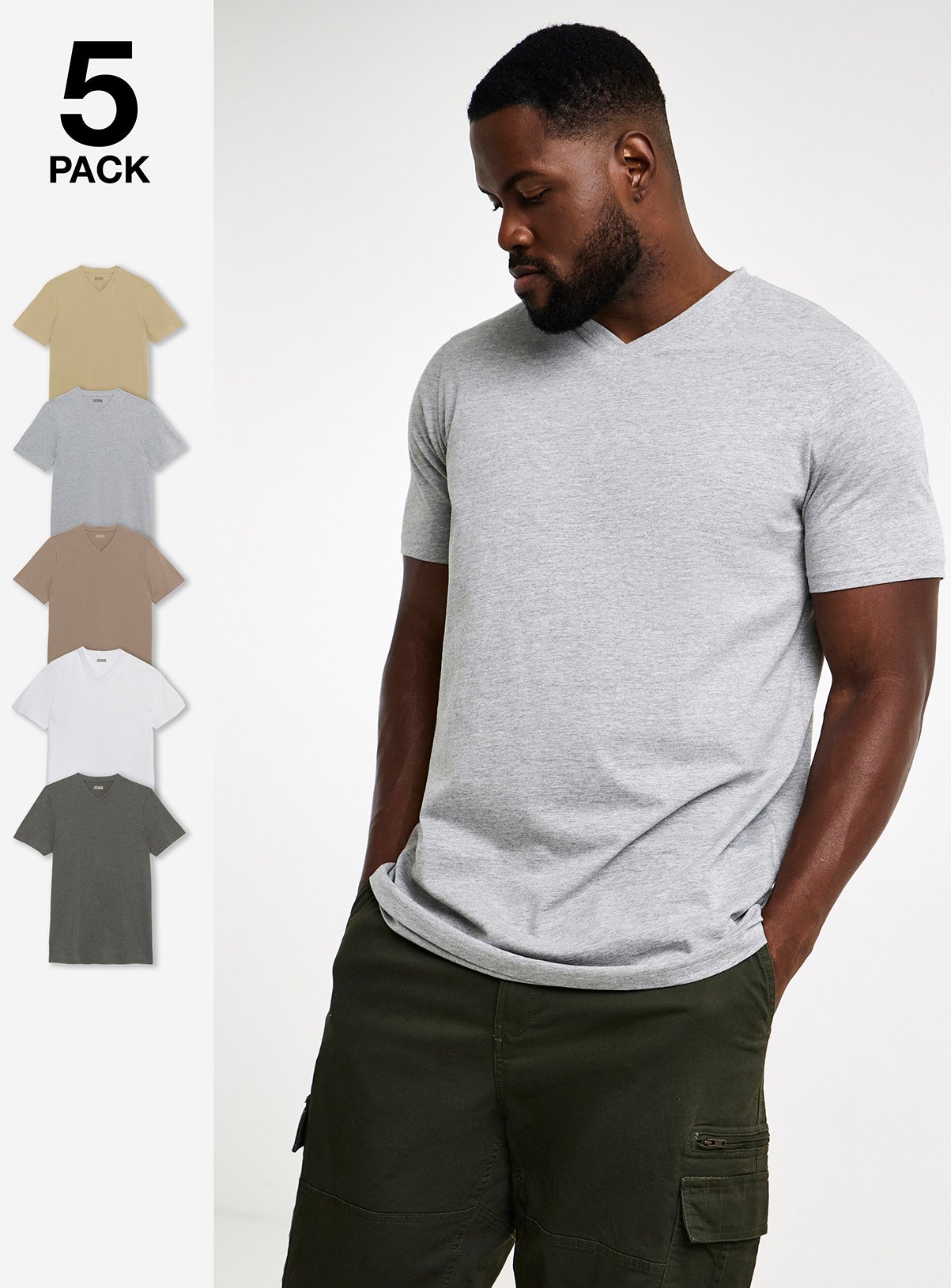 JACAMO 5 Pack V Neck T-Shirt Extra Long 